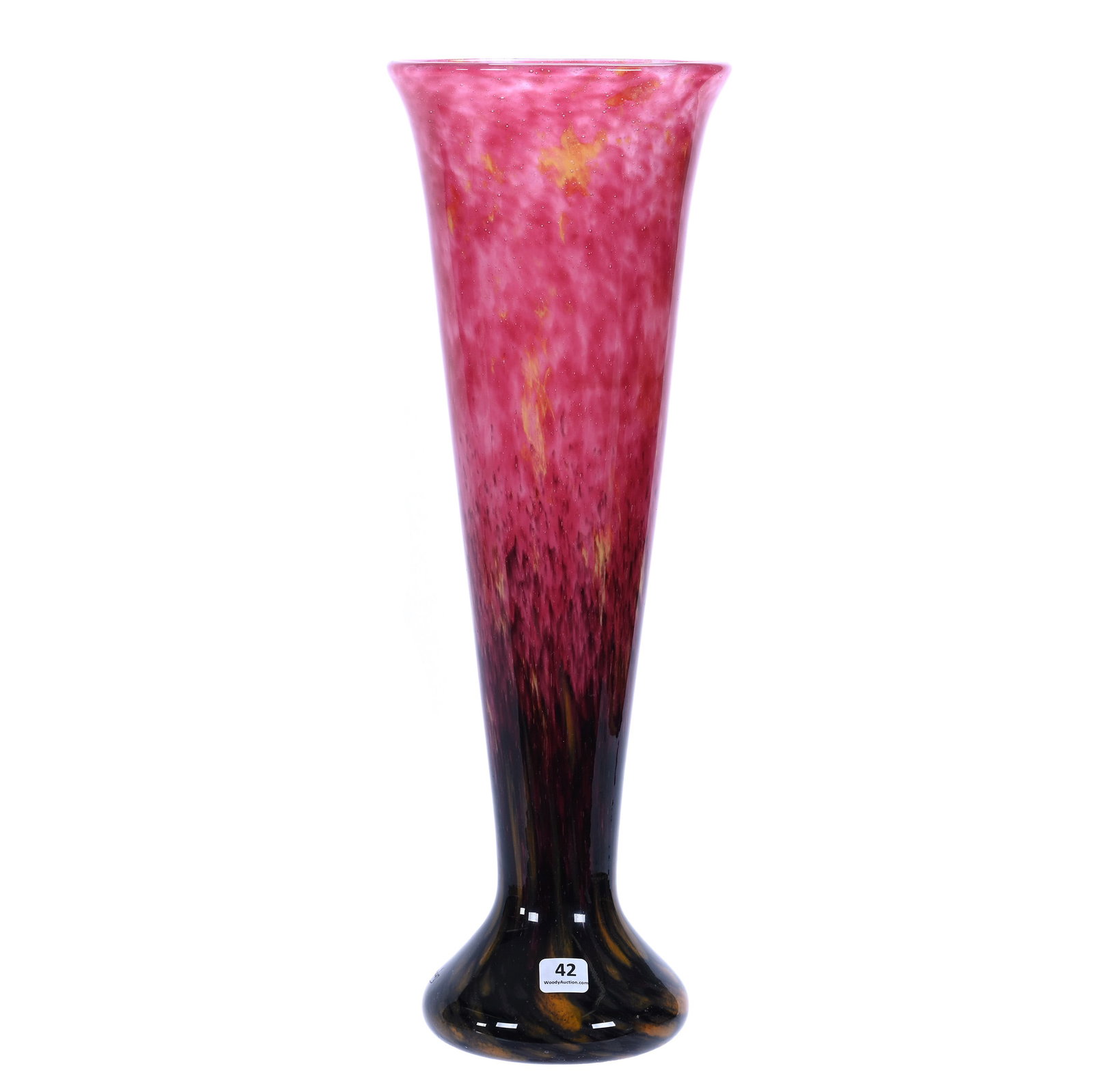 Vase, French Cased Art Glass, Signed Schneider: Vase, French Cased Art Glass, Signed Schneider, 17.75 x 6 x 6 Inches, Dark Amethyst, Pink, And Yellow Mottled Design, 5.5 Pounds, Private Collection, Kansas. Effective 6/6/26, All LiveAuctioneers Invo