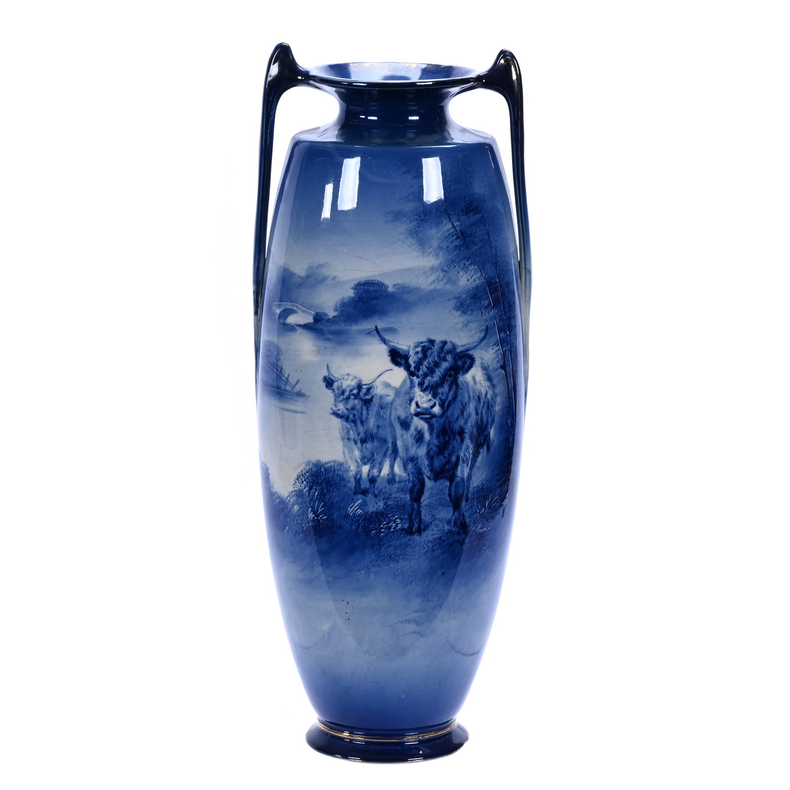 Two Handled Vase, Unmarked Royal Doulton Style: Two Handled Vase, Unmarked Royal Doulton Style, 16.5 x 6.5 x 5.5 Inches, Highland Cattle Scenic Decor, 3.5 Pounds, William "Bill" Wright Collection, Wisconsin. Effective 6/6/26, All LiveAuctioneers In