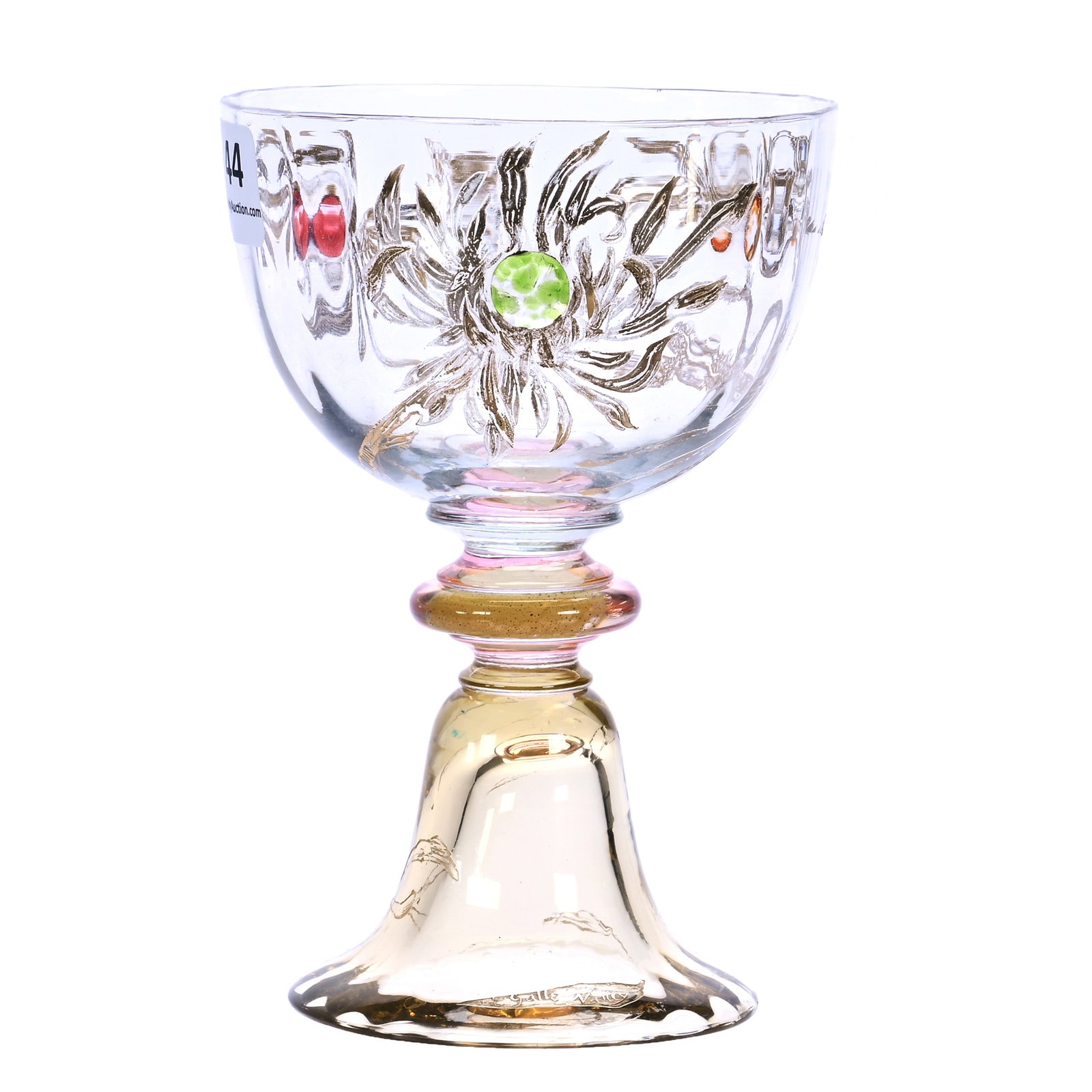 Goblet, French Art Glass, Signed Emile Galle: Goblet, French Art Glass, Signed Emile Galle, 5.25 x 3.5 x 3.5 Inches, Acid Cut Floral Design With Colored Cabochon Centers On Clear Bowl, Colored And Decorated Stem, Amber Petticoat Foot With Acid Cu