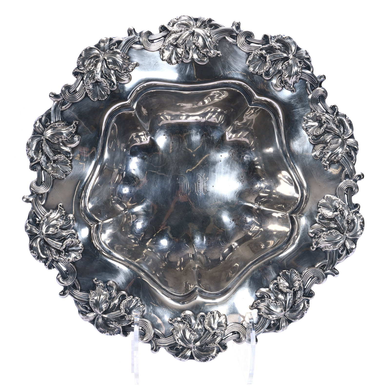 Bowl, Solid Sterling Silver By Woodside Sterling Company: Bowl, Solid Sterling Silver By Woodside Sterling Company, 13.25 x 13.25 x 3.25 Inches, Elaborate Embossed Orchid Design Border, Model #2986, 650 Grams, Douglas Millhoff Collection, Ohio. Effective 6/6