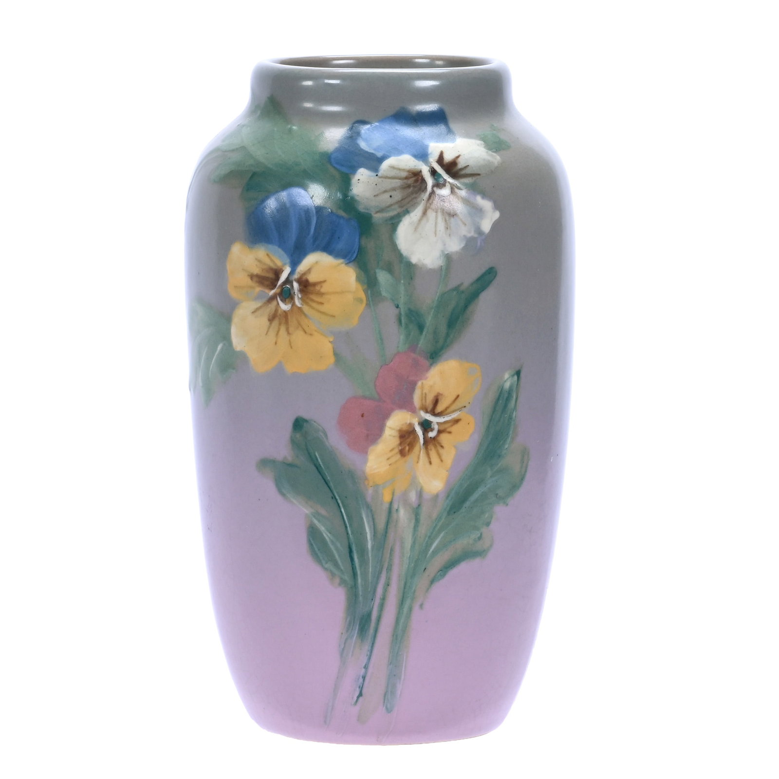 Vase, Marked Weller Hudson Art Pottery: Vase, Marked Weller Hudson Art Pottery, 6 x 3.5 x 3.5 Inches, Gray And Pink Tones With Colorful Pansy Decor, Artist Signed H.P. (Hester Pillsbury), 0.9 Pounds, Douglas Millhoff Collection, Ohio. Effec