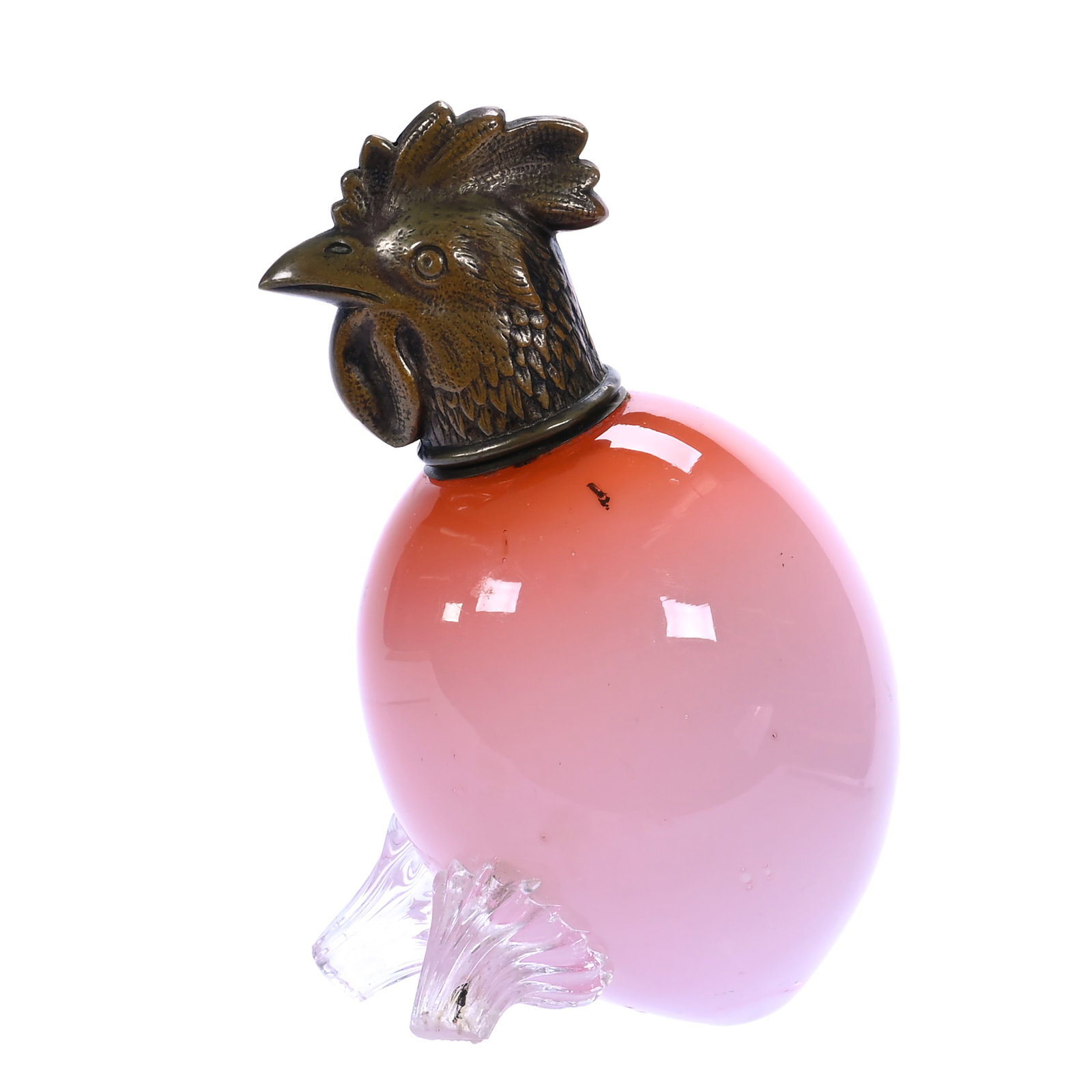 Figural Perfume Bottle, Cased Art Glass: Figural Perfume Bottle, Cased Art Glass, 3.75 x 3 x 2.25 Inches, Peach Blow, Metal Rooster Head Screw On Top, Egg Form Body With Applied Legs, Bottom Of Legs Have Been Reworked, 0.3 Pounds, Barbara Sh