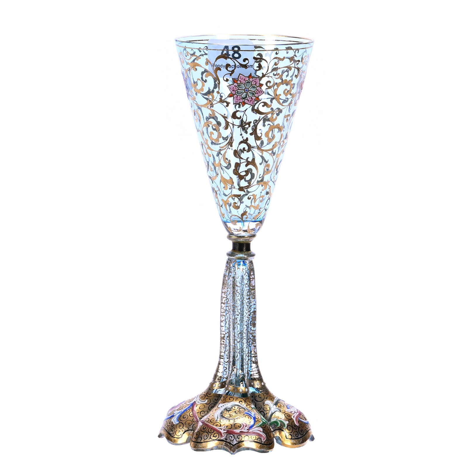 Wine Stem, Unmarked Bohemian Art Glass: Wine Stem, Unmarked Bohemian Art Glass, 7 x 2.75 x 2.75 Inches, Pale Blue Body With Extensive Gold And Colorful Enamel Highlights, In The Style Of Moser, Professional Stem Repair, 0.2 Pounds, Barbara 
