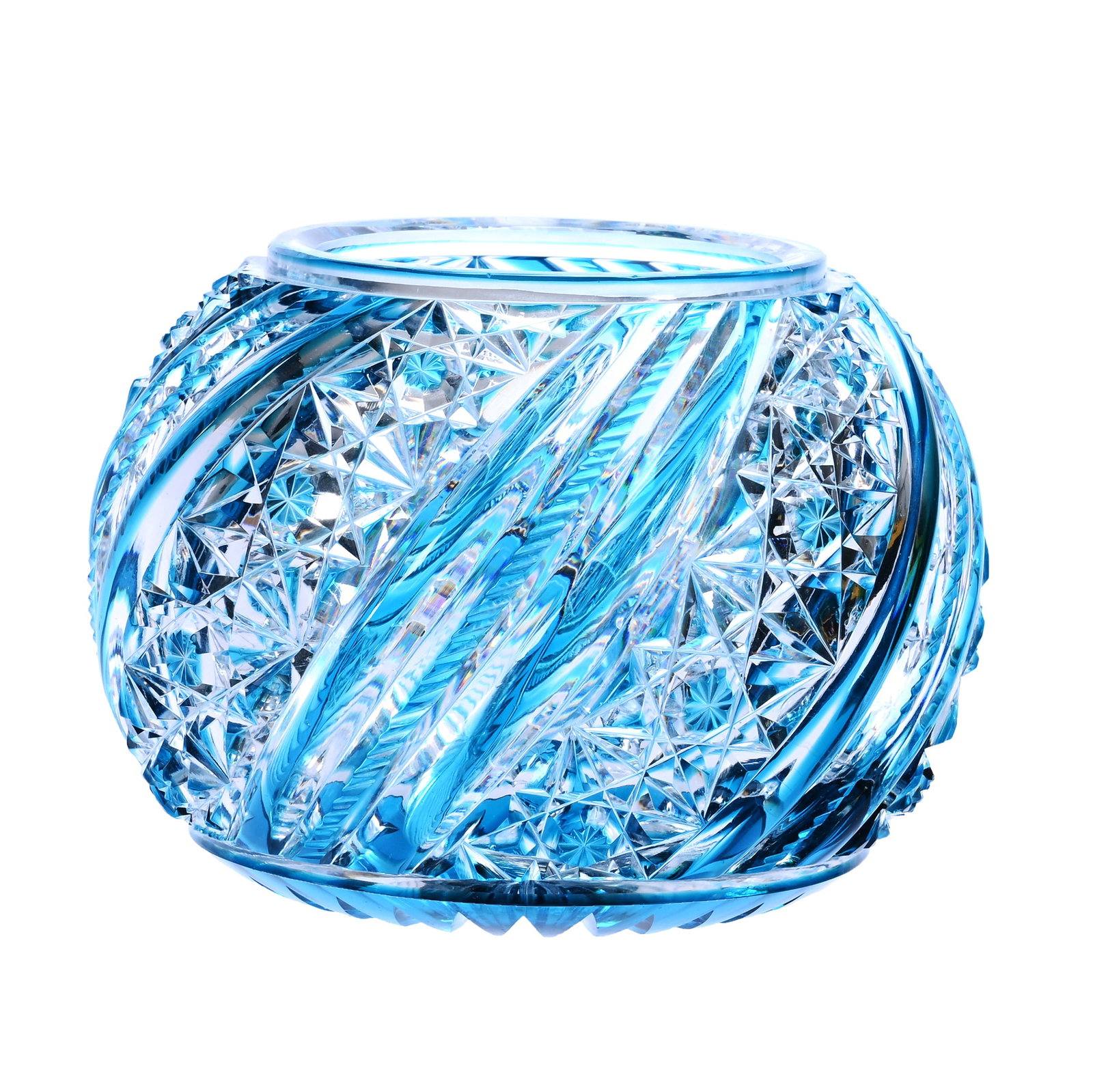 Rose Bowl, American Brilliant Cut Glass, Turquoise Cut To Clear, Russian And Swirl Pattern: Rose Bowl, American Brilliant Cut Glass, Turquoise Cut To Clear, Russian And Swirl Pattern, 4.25 x 5.75 x 5.75 Inches, Ray Cut Base, Interior Rim Touchup And Pattern Nicks, 3 Pounds, Ohio Collection. 