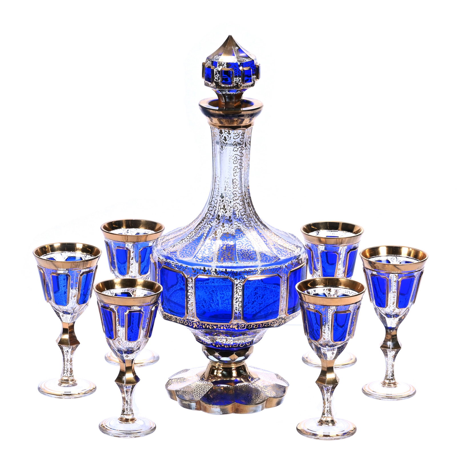 Pedestal Decanter Set, Unmarked Bohemian Art Glass Attributed To Moser (1 of 3)