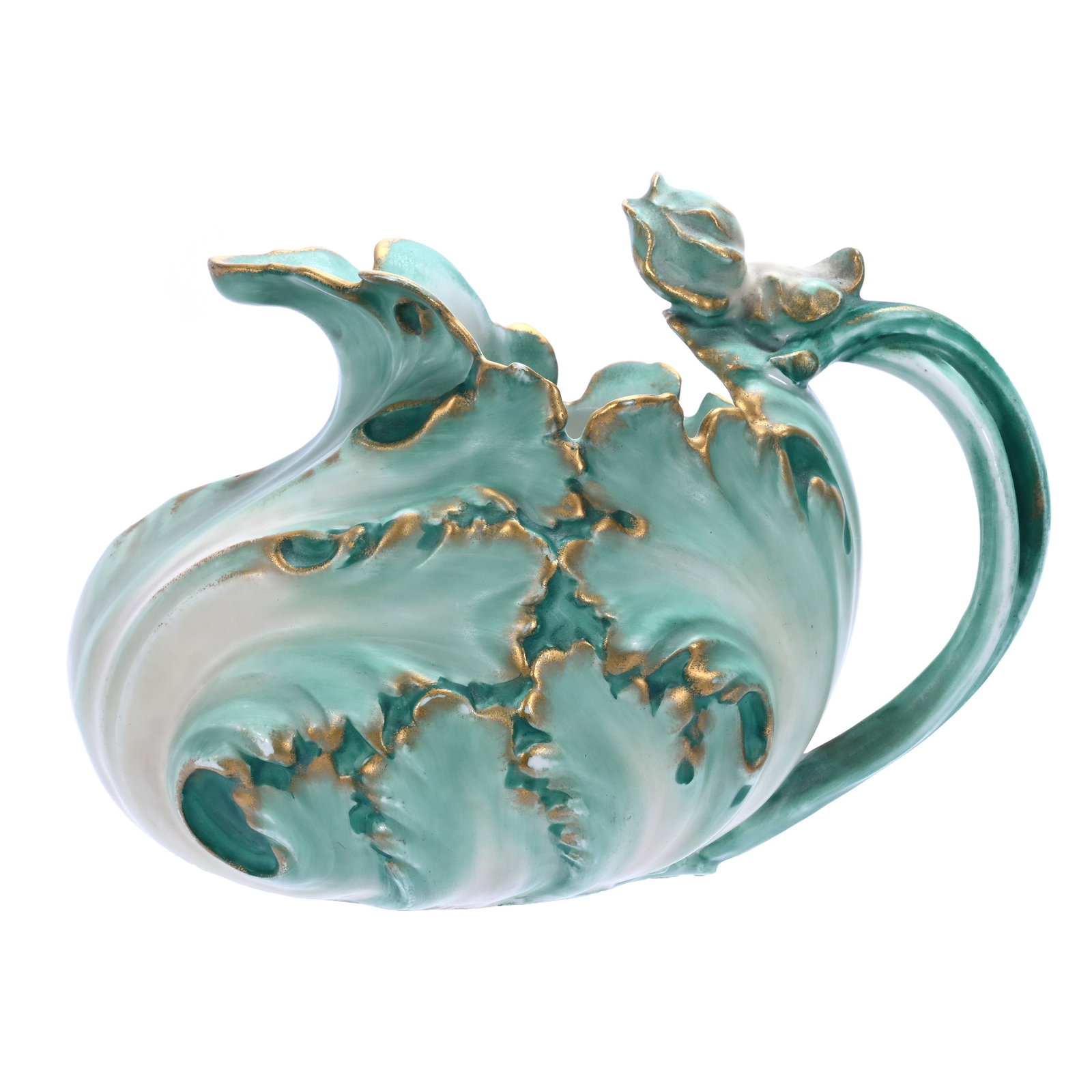 Pitcher, Marked Pairpoint Limoges Porcelain: Pitcher, Marked Pairpoint Limoges Porcelain, 6.75 x 9 x 6.5 Inches, Beautiful Leaf And Blossom Mold, #2028, Green And White Tones With Gold Stencil Highlights, Nice Form, 1.9 Pounds, Barbara Shulhof E