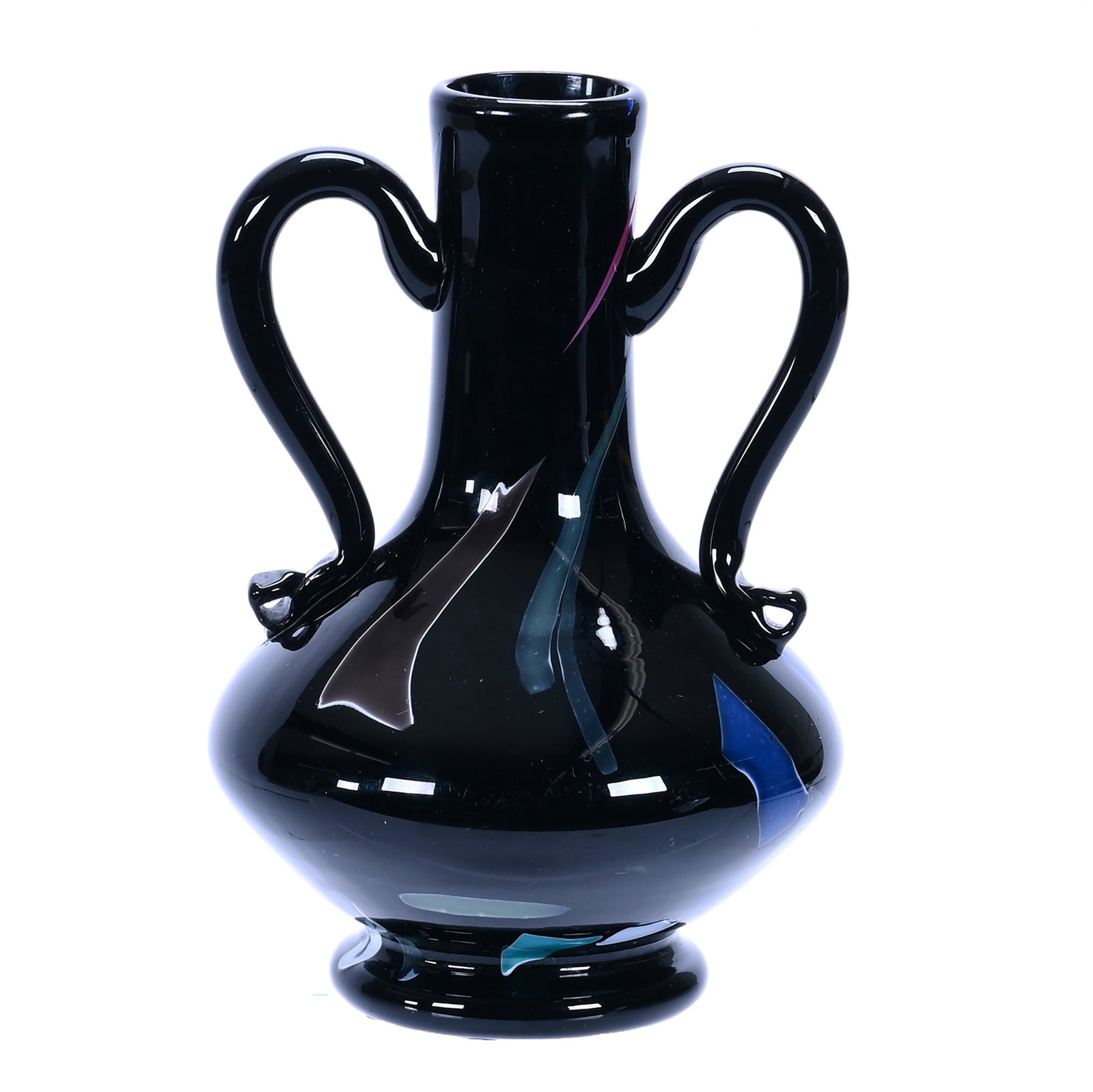 Two Handled Vase, Lava Glass By Mt. Washington: Two Handled Vase, Lava Glass By Mt. Washington, 5 x 3.5 x 3.5 Inches, Rare Form With Handles, Fine Example, One Handle Has Hard To See Repair, 0.5 Pounds, The Cosgrove/Wicks Collection. Effective 6/6/