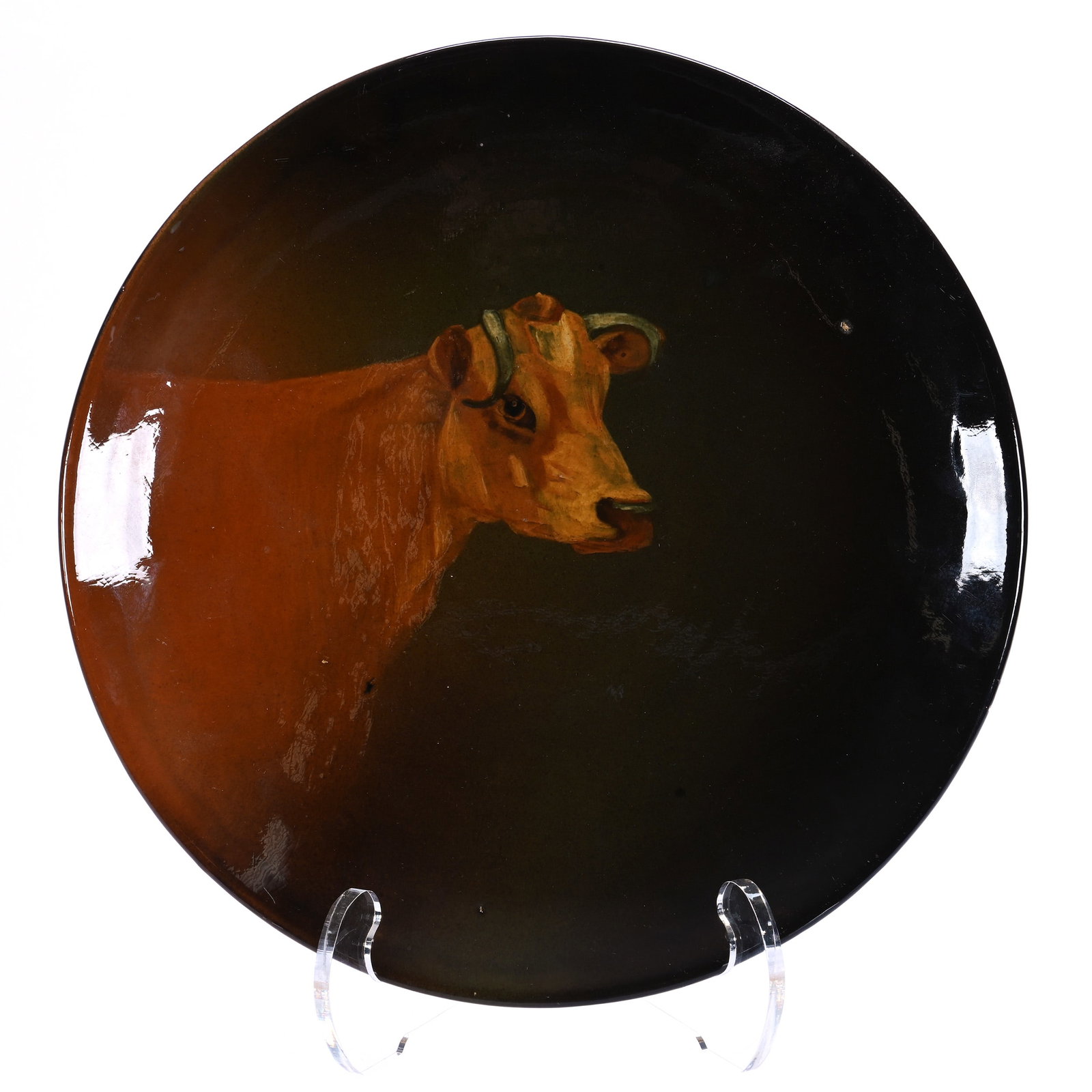 Wall Plaque, Unmarked Weller Art Pottery: Wall Plaque, Unmarked Weller Art Pottery, 12.5 x 12.5 x 1.25 Inches, Green And Brown Tones With Cow Portrait, Nice Example, Chip On Inner Base Ring, 3.4 Pounds, Douglas Millhoff Collection, Ohio. Effe