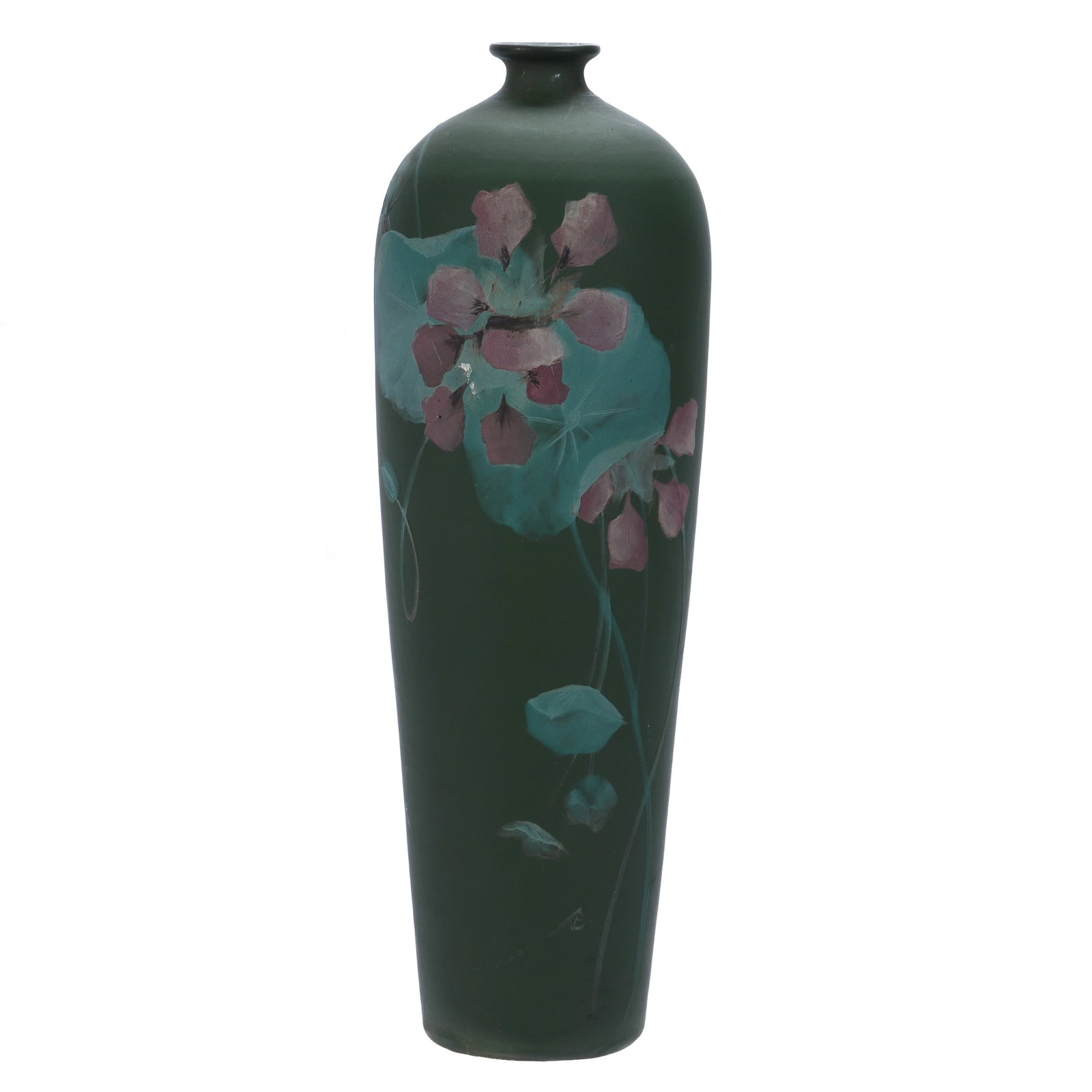 Vase, Radford Art Pottery, Thera Line: Vase, Radford Art Pottery, Thera Line, 14.25 x 4.75 x 4.75 Inches, Green Matte Finish With Pink Blossom And Green Vine Decor, Artist Signed, 2.8 Pounds, Douglas Millhoff Collection, Ohio. Effective 6/