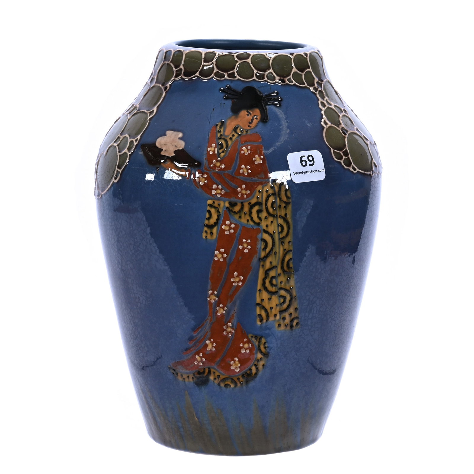 Vase, Unmarked Weller Art Pottery Jap Birdimal By Harry Rhead: Vase, Unmarked Weller Art Pottery Jap Birdimal By Harry Rhead, 9.25 x 6.5 x 6.5 Inches, Beautiful Squeeze Bag Design, Blue Background With Oriental Woman Design, Great Example, 3.7 Pounds, Douglas