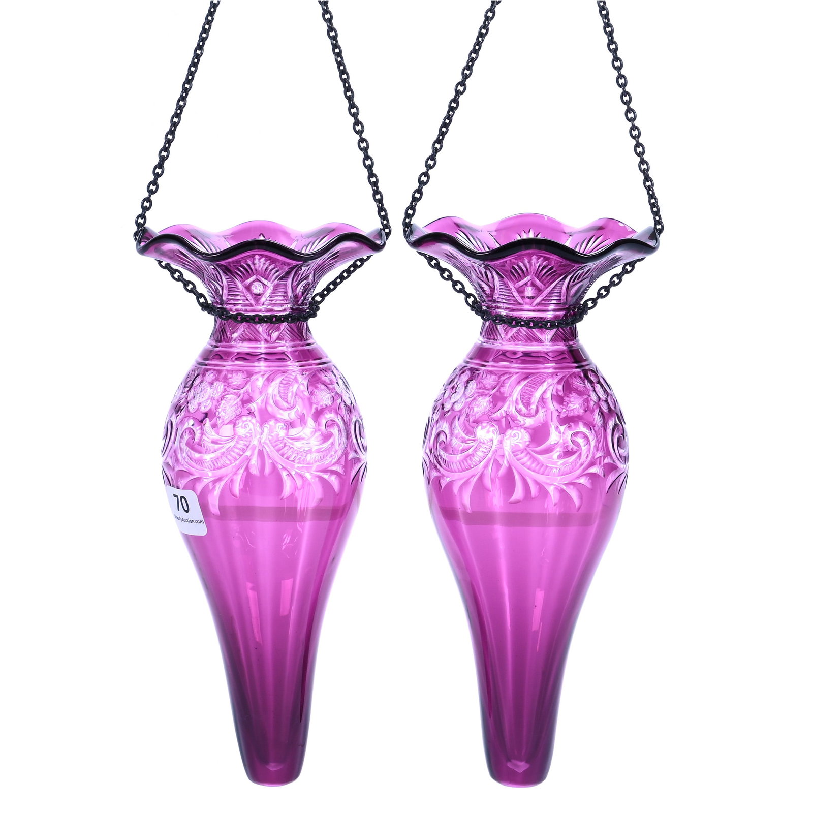 Pair Hanging Flower Vases, Brilliant Period Cut Glass, Amethyst Cut To Clear: Pair Hanging Flower Vases, Brilliant Period Cut Glass, Amethyst Cut To Clear, 8 x 3.5 x 3.5 Inches, Exceptional Engraved Floral And Scroll Design Attributed To Stevens & Williams, Original Chains, Rim