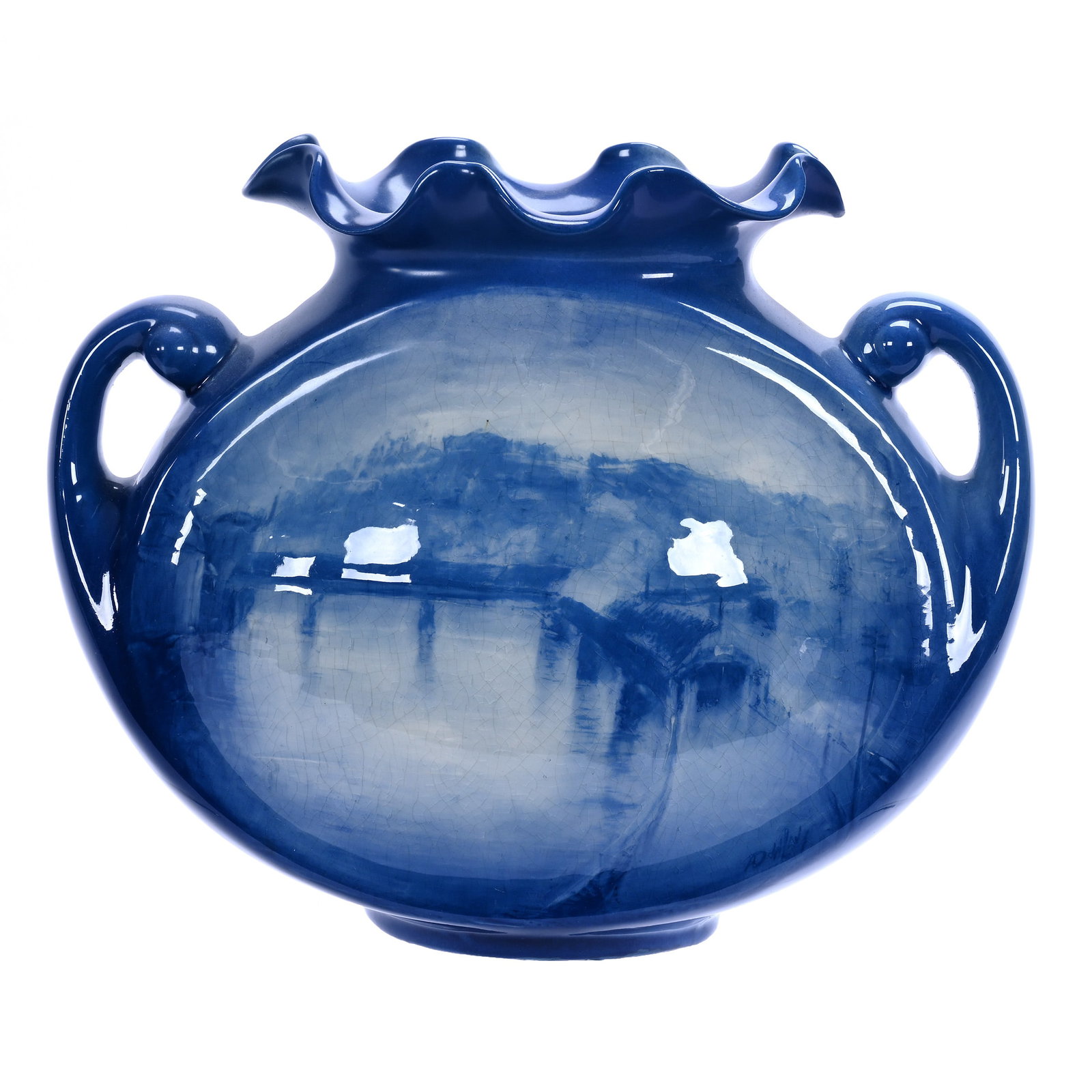 Oval Two Handled Historic Vase, Marked Roseville Pottery, Azurean Line: Oval Two Handled Historic Vase, Marked Roseville Pottery, Azurean Line, 9 x 11.25 x 6 Inches, Blue And White With Rare Zanesville, Oh "Y" Bridge, Artist Signed Dunlavy, Exceptional Example, 4.2 Pounds