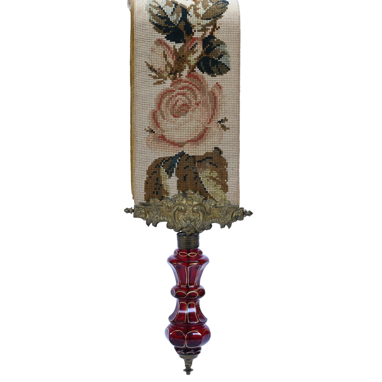 Victorian Era Servants Embroidered Bell Pull With Incredibly Rare Ruby Handle (1 of 5)