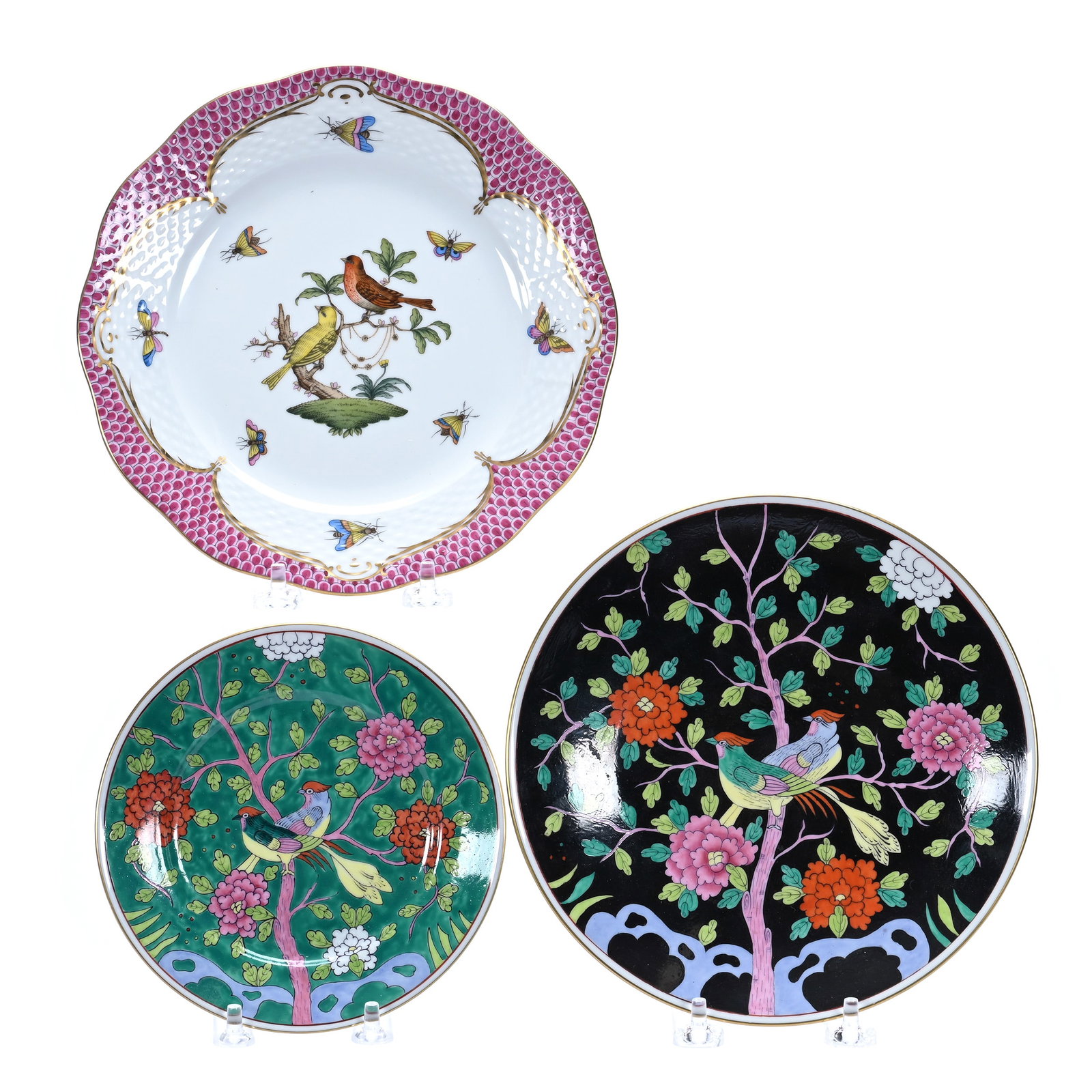 (3) Plates, Marked Herend Porcelain: (3) Plates, Marked Herend Porcelain, 8 x 8 x 0.75 Inches, (1) White With Pink Border, Bird And Insect Decor, (1) 7.75" Diameter, Black Background With Colorful Bird In Tree Decor, And (1) 6" Diameter,