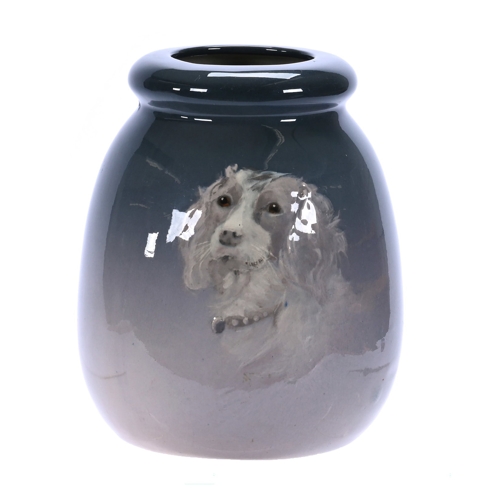 Vase, Marked Weller Art Pottery, Eocean Line: Vase, Marked Weller Art Pottery, Eocean Line, 6.75 x 5.25 x 5.25 Inches, Gray Shading To White With Dog Portrait, 1.8 Pounds, Douglas Millhoff Collection, Ohio. Effective 6/6/26, All LiveAuctioneers
