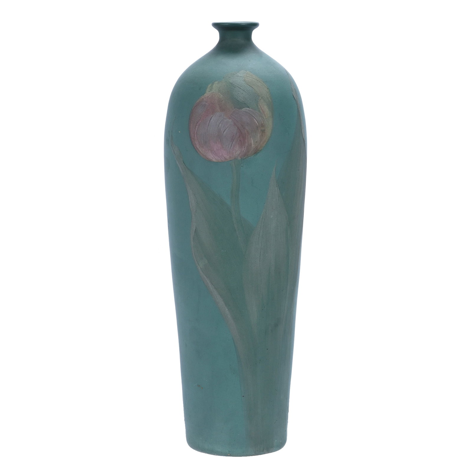 Vase, Radford Art Pottery, Thera Line: Vase, Radford Art Pottery, Thera Line, 14.25 x 4.75 x 4.75 Inches, Aqua Matte Background With Pink And Yellow Tulip Decor, Artist Signed, 2.9 Pounds, Douglas Millhoff Collection, Ohio. Effective