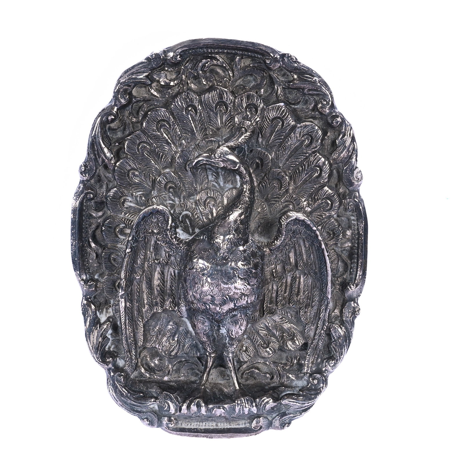 Silver Paperweight, By Henryk Winograd: Silver Paperweight, By Henryk Winograd, 3 x 2.25 x 1 Inches, Featuring Embossed Peacock Design, 999 Silver Purity, 0.4 Pounds, Barbara Shulhof Estate. Effective 6/6/26, All LiveAuctioneers Invoices