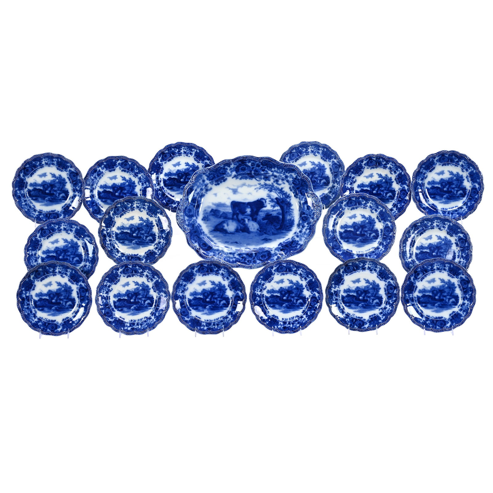 Platter And (16) Dinner Plates, Flow Blue Marked Ridgway (1 of 7)