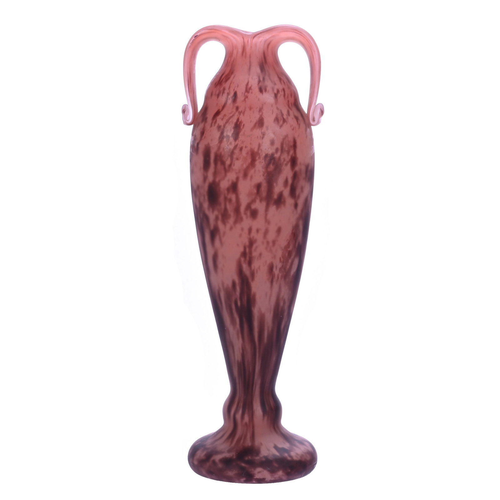 Two Handled Vase, Delatte Nancy: Two Handled Vase, Delatte Nancy, 20 x 6 x 6 Inches, Lavender And Pink Mottled Design, Faint Remnants Of Signature, Polished Pontil Base, 9.6 Pounds, Private Collection, Kansas. Effective 6/6/26, All L