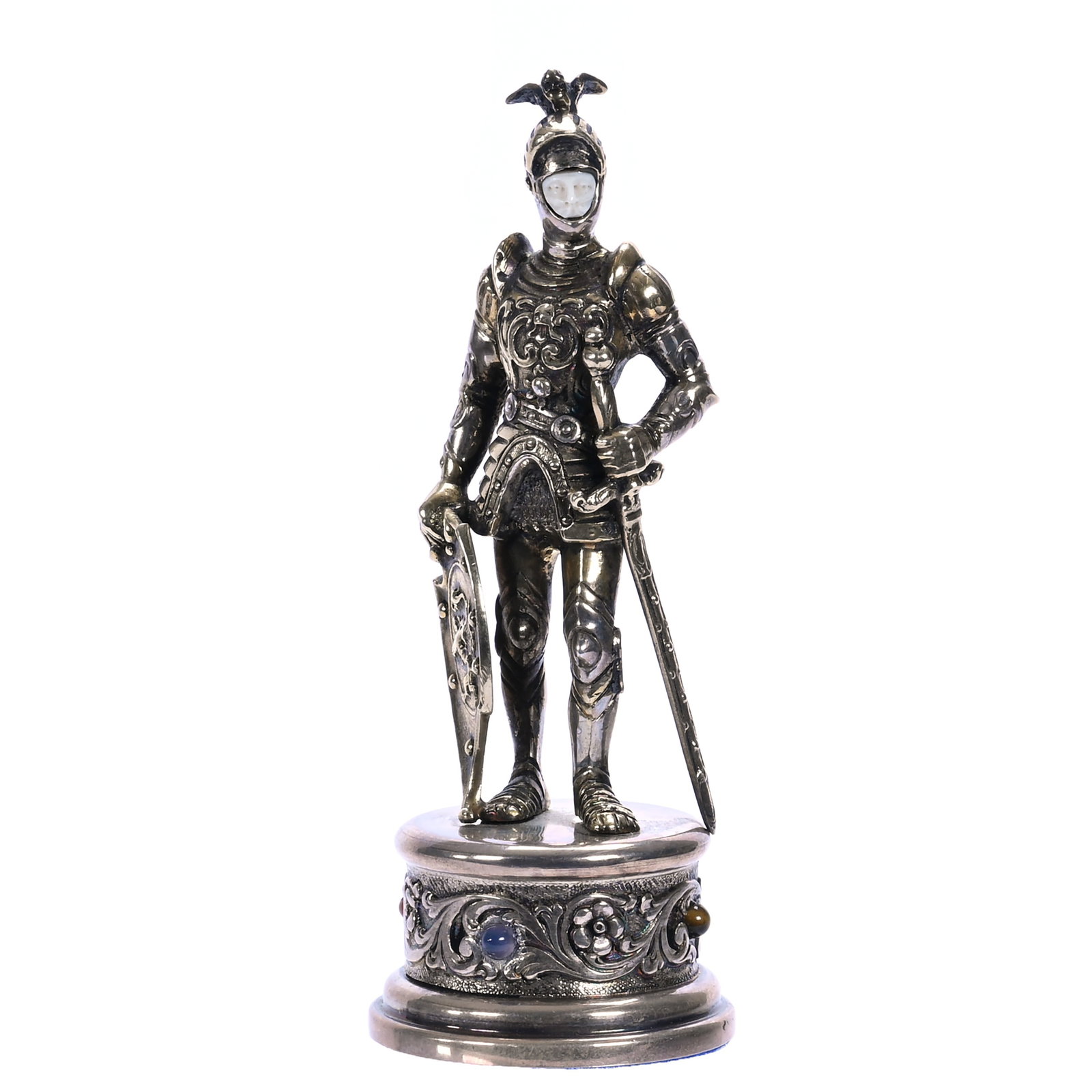 Solid Sterling Silver Figural Chess Piece, Marked Germany 925: Solid Sterling Silver Figural Chess Piece, Marked Germany 925, 5.25 x 2 x 2 Inches, Features Knight Standing With Sword And Shield, Has Four Applied Gemstones On Base, Gold Wash Highlights, 145 Grams,