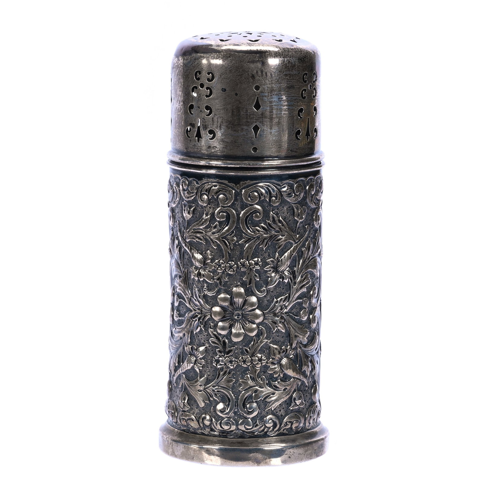 Sugar Shaker, Marked Gorham, Solid Sterling Silver #2350: Sugar Shaker, Marked Gorham, Solid Sterling Silver #2350, 6.25 x 2.5 x 2.5 Inches, Elaborate Embossed Floral And Scroll Design, 165 Grams, Barbara Shulhof Estate. Effective 6/6/26, All