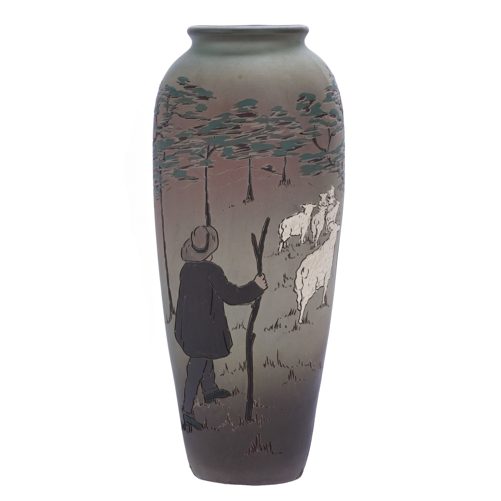 Vase, Marked Weller Dickensware: Vase, Marked Weller Dickensware, 11.75 x 4.75 x 4.75 Inches, Sheepherder Scenic Decor, 2.7 Pounds, Douglas Millhoff Collection, Ohio. Effective 6/6/26, All LiveAuctioneers Invoices Must Be Paid Using 