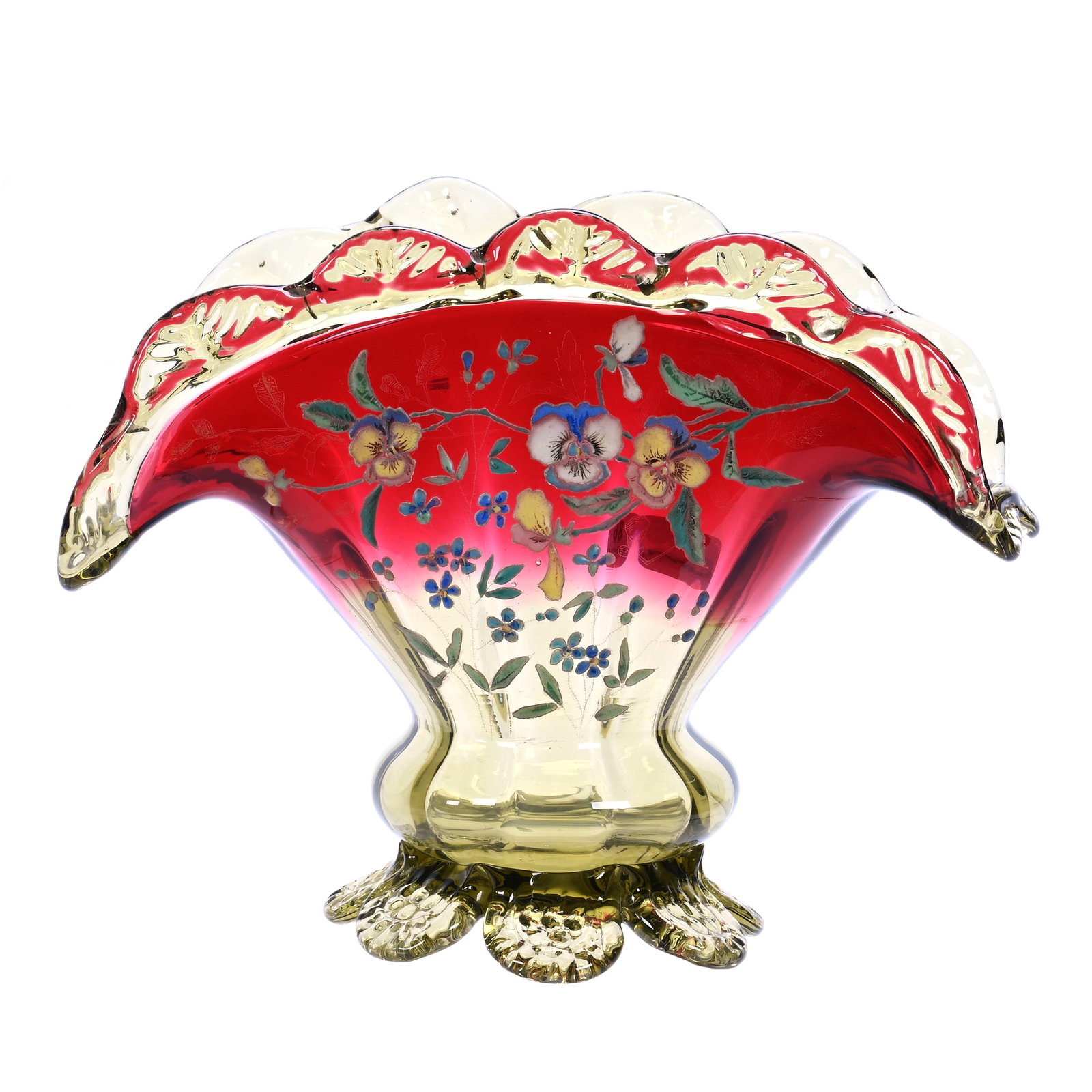 Fan Vase, Rubina Verde Art Glass: Fan Vase, Rubina Verde Art Glass, 8 x 10.25 x 4.75 Inches, Enamel Pansy Decor, Applied Petal Rim And Feet, Polished Pontil Base, 2.7 Pounds, Private Collection, Oklahoma. Effective 6/6/26, All