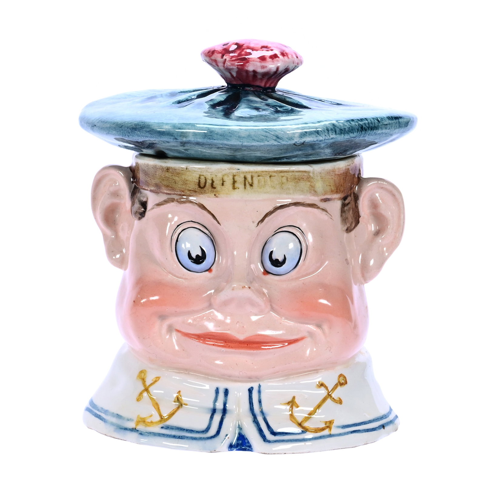 Humidor, "The Defender" From Palmer Cox Series: Humidor, "The Defender" From Palmer Cox Series, 5.25 x 4.5 x 4.5 Inches, Soft Paste Majolica Style, Colorful Tones, 0.9 Pounds, Barbara Shulhof Estate. Effective 6/6/26, All LiveAuctioneers Invoices M