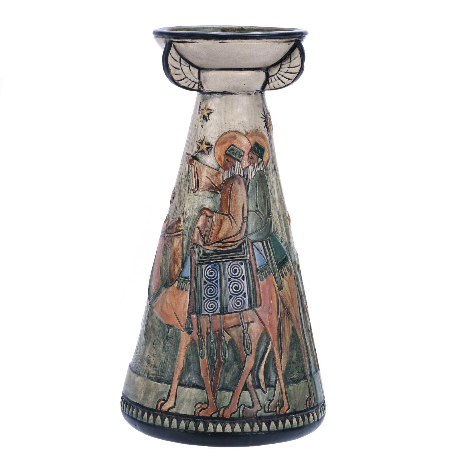 Large Vase, Unmarked Weller Art Pottery, Egypta Line: Large Vase, Unmarked Weller Art Pottery, Egypta Line, 15.5 x 8 x 8 Inches, Retains Original Weller Paper Label, Has A Hole In Base, 5.8 Pounds, Douglas Millhoff Collection, Ohio. Effective 6/6/26, All