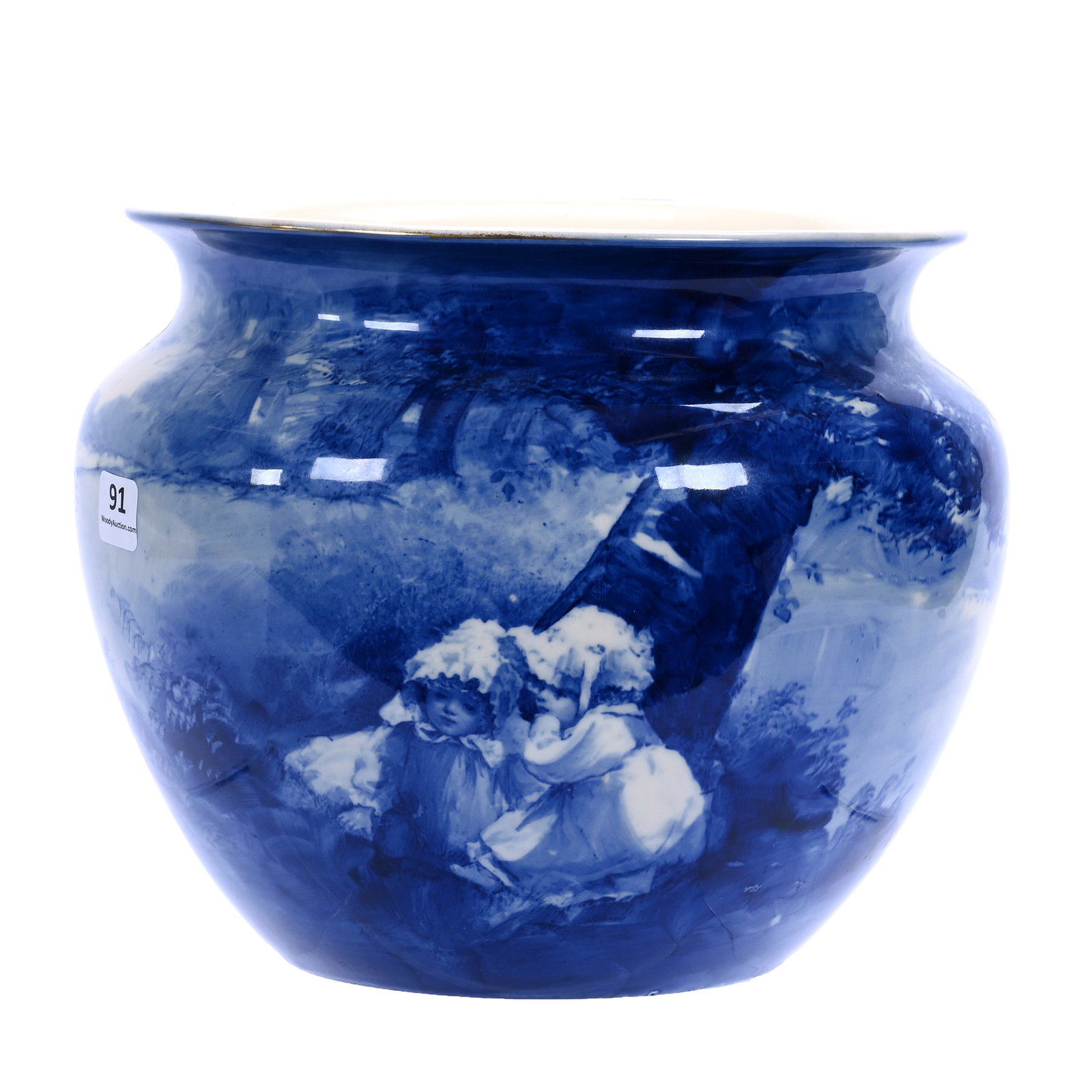 Jardiniere, Flow Blue Marked Royal Doulton: Jardiniere, Flow Blue Marked Royal Doulton, 9.5 x 9.5 x 7.5 Inches, Babes In Woods Scenic Decor, 4.4 Pounds, Dr. James F. Shetlar Estate, Michigan. Effective 6/6/26, All LiveAuctioneers Invoices Must 