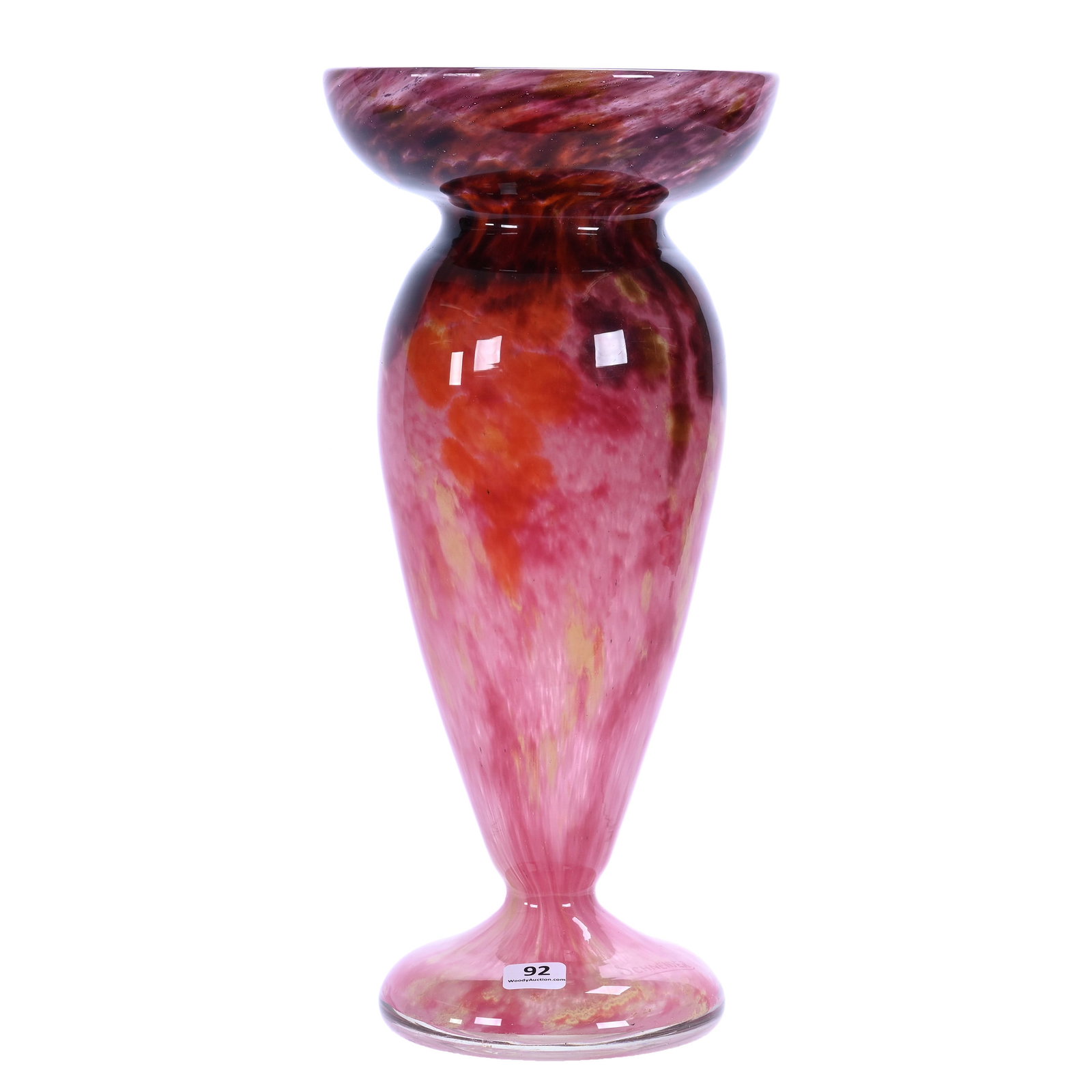 Vase, French Cased Art Glass, Signed Schneider: Vase, French Cased Art Glass, Signed Schneider, 13.75 x 6.5 x 6.5 Inches, Lavender, Orange, Pink, And Yellow Mottled Designed, Polish Pontil Base, 6.1 Pounds, Private Collection, Kansas. Effective 6/6