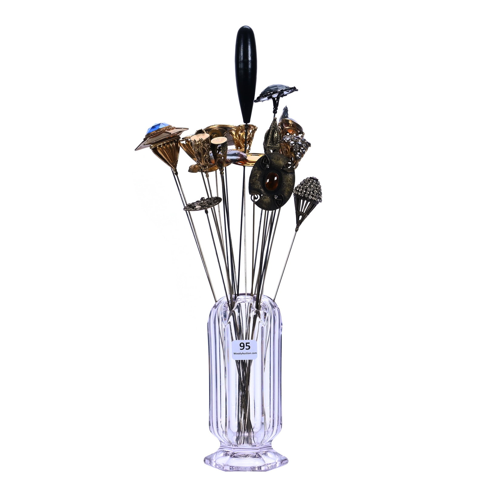 Hat Pin Holder With (21) Vintage Hat Pins: Hat Pin Holder With (21) Vintage Hat Pins, 15 x 2.5 x 2.5 Inches, (1) 6"X 2.5"X 2.5" Clear Six Sided Hat Pin Holder Attributed To Fostoria, (21) Incredible Hat Pins Of Beautiful Design, View Photos Fo