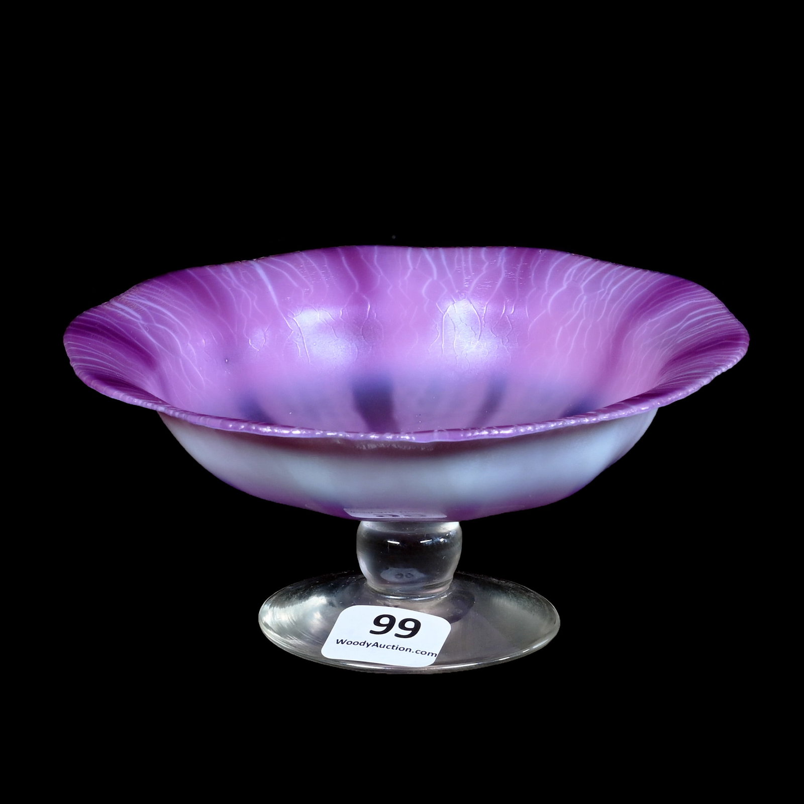 Pedestal Dish, Signed L.C.T. (Louis Comfort Tiffany) Favrile, #1871: Pedestal Dish, Signed L.C.T. (Louis Comfort Tiffany) Favrile, #1871, 5 x 5 x 2.25 Inches, Pastille Art Glass, 0.4 Pounds, Barbara Shulhof Estate. Effective 6/6/26, All LiveAuctioneers Invoices Must Be