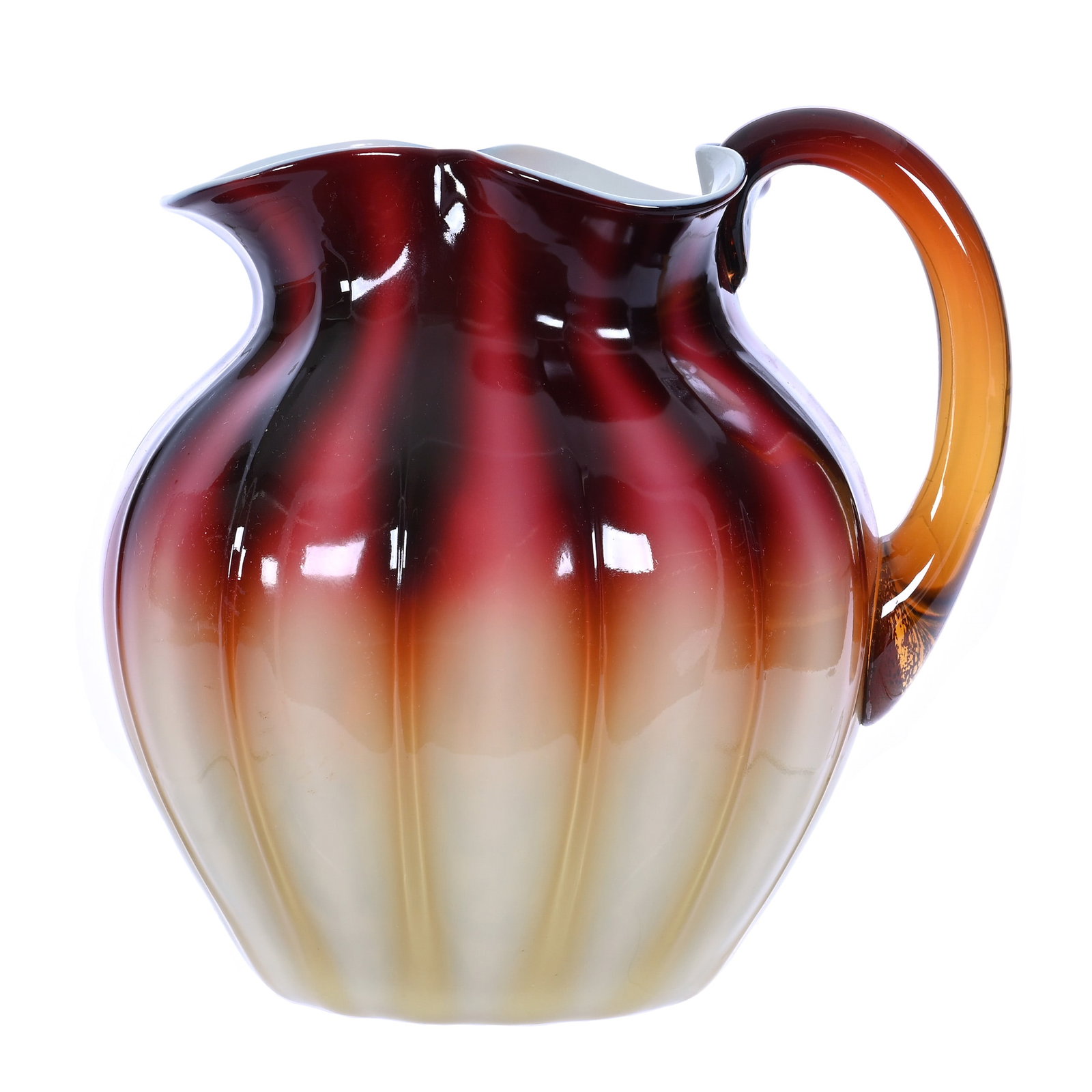 Water Pitcher, Plated Amberina Art Glass By New England: Water Pitcher, Plated Amberina Art Glass By New England, 7.25 x 7 x 6.25 Inches, Exceptional Color And Condition, 2.3 Pounds, Douglas Millhoff Collection, Ohio. Effective 6/6/26, All LiveAuctioneers I