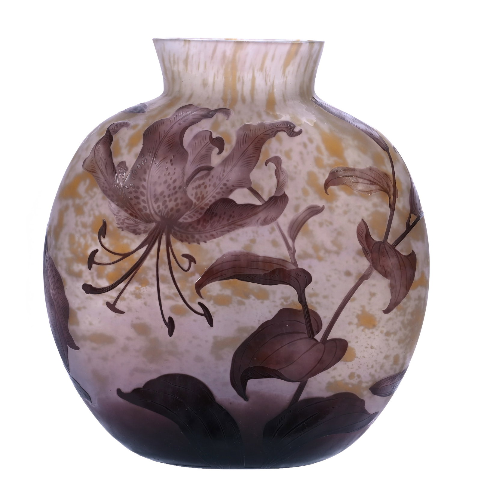 Vase, French Cameo Art Glass, Signed Daum Nancy: Vase, French Cameo Art Glass, Signed Daum Nancy, 11.75 x 10.5 x 4.5 Inches, White And Yellow Mottled Background With Lavender Cutback Tiger Lily Decor, Possible Rim Touchup, 7.9 Pounds, Private Collec