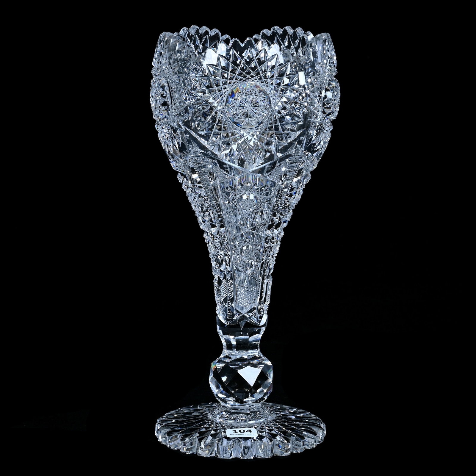 Chalice Vase, American Brilliant Cut Glass, Norway Pattern By Kelly & Steinman: Chalice Vase, American Brilliant Cut Glass, Norway Pattern By Kelly & Steinman, 11.75 x 5.5 x 5.5 Inches, Facet Cut Knob Stem, Scalloped Hobstar Foot, 5.6 Pounds, Ohio Collection. Effective 6/6/26, Al
