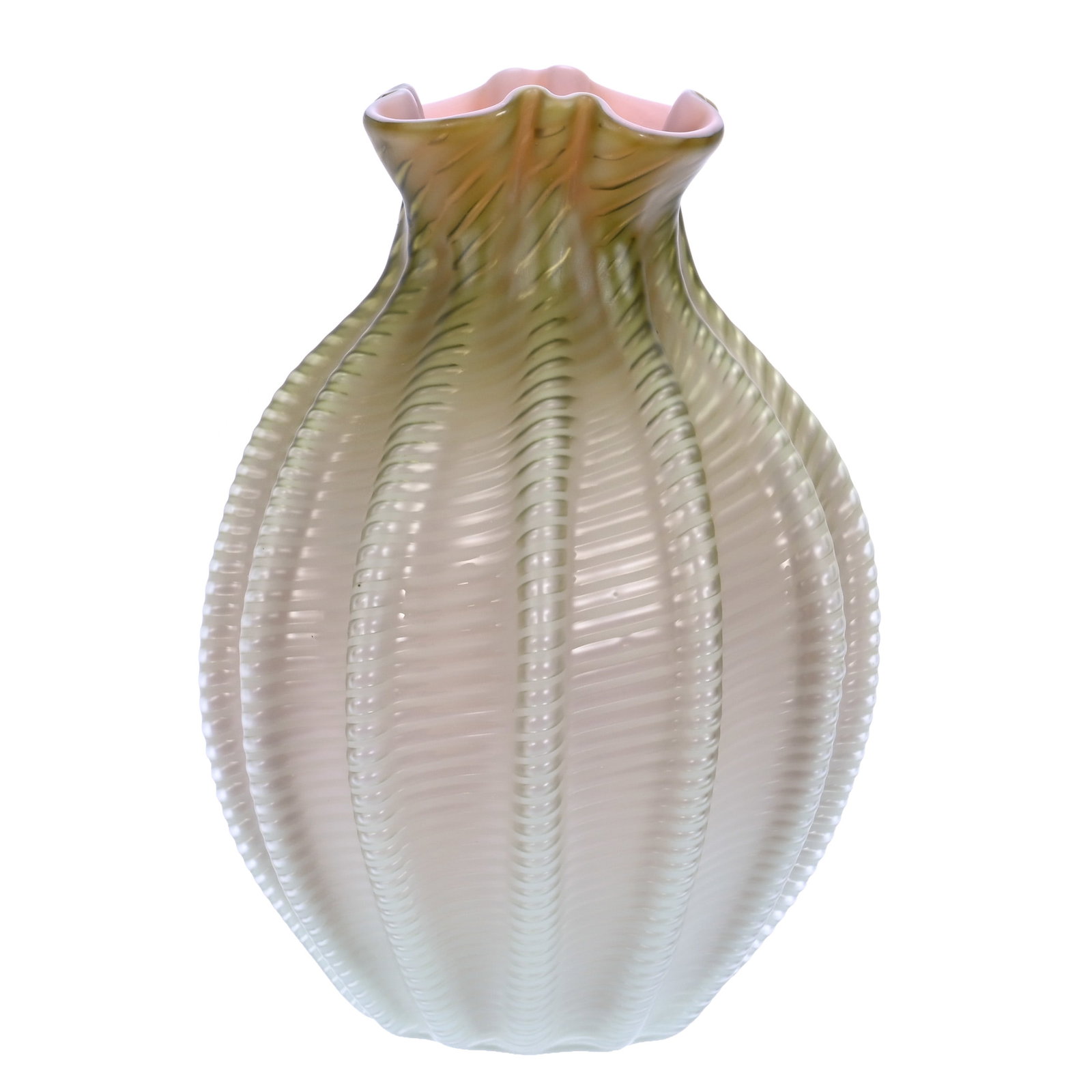 Vase, Harrach Satin Art Glass: Vase, Harrach Satin Art Glass, 7.25 x 5.5 x 5.5 Inches, Air Trapped Swirl Design, Raised Ribs, Polish Pontil Base, Green Shading To White With Pink Interior, 1.3 Pounds, Barbara Shulhof Estate. Effect