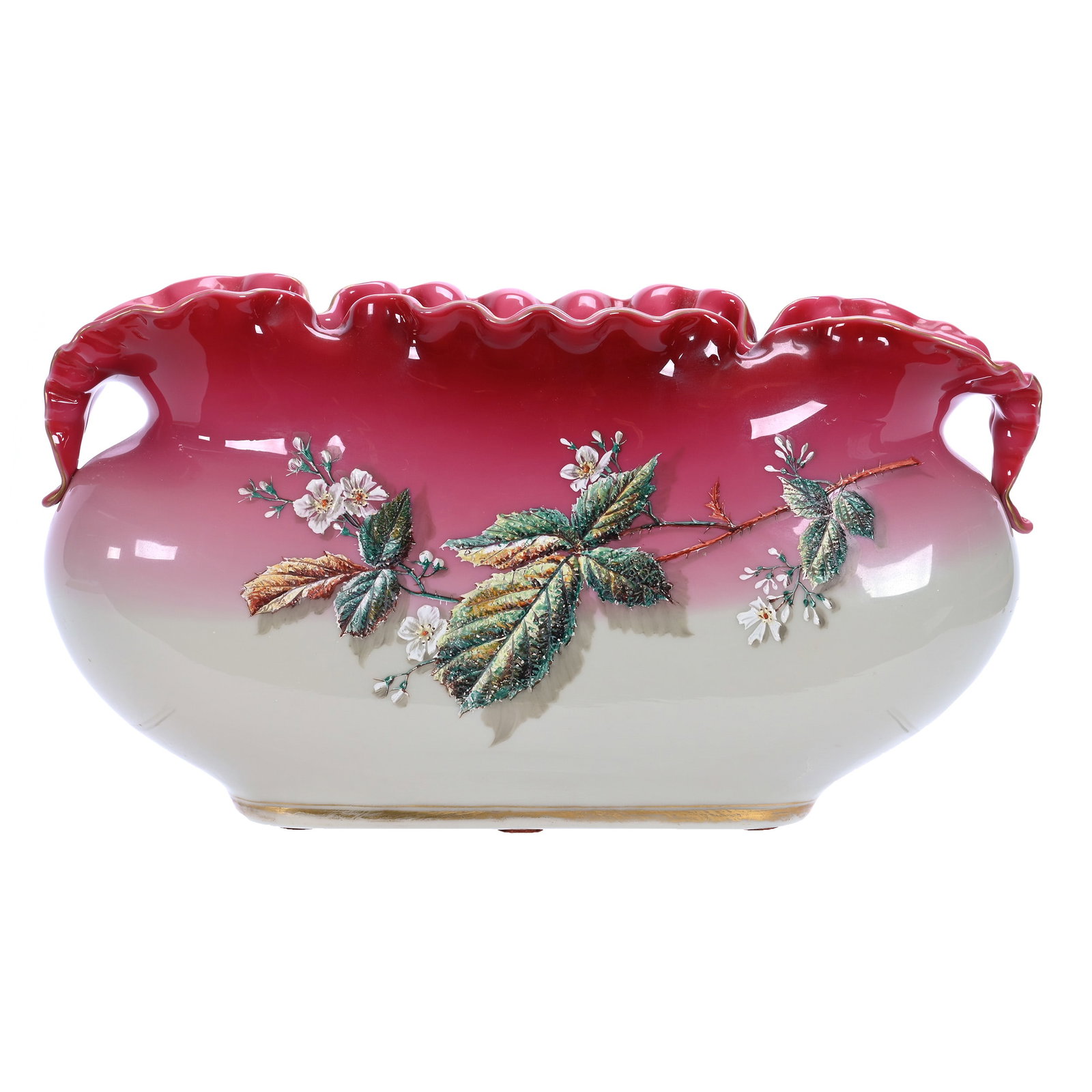 Oval Vase, Art Glass: Oval Vase, Art Glass, 7 x 12.5 x 4.25 Inches, Peach Blow, Heavy Enamel Branch And Blossom Decor, Flawless Ruffled Rim, 4.4 Pounds, Barbara Shulhof Estate. Effective 6/6/26, All LiveAuctioneers Invoice