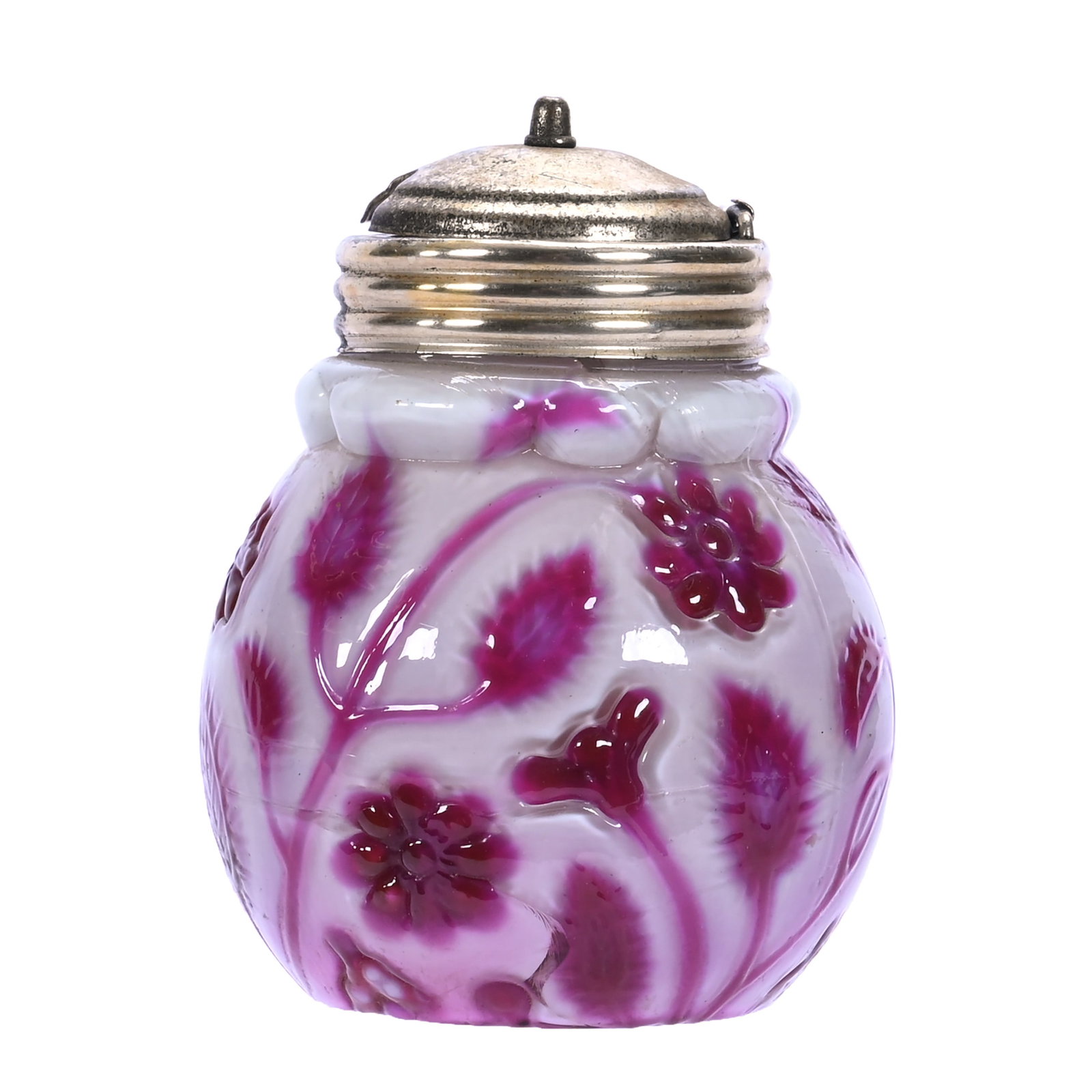 Mustard Jar, Findlay Onyx Ruby/Raspberry Art Glass: Mustard Jar, Findlay Onyx Ruby/Raspberry Art Glass, 3.25 x 2.5 x 2.5 Inches, Metal Flip Top, Hard To See Casing Crack That Does Not Go Through Interior, 0.3 Pounds, Douglas Millhoff Collection, Ohio. 