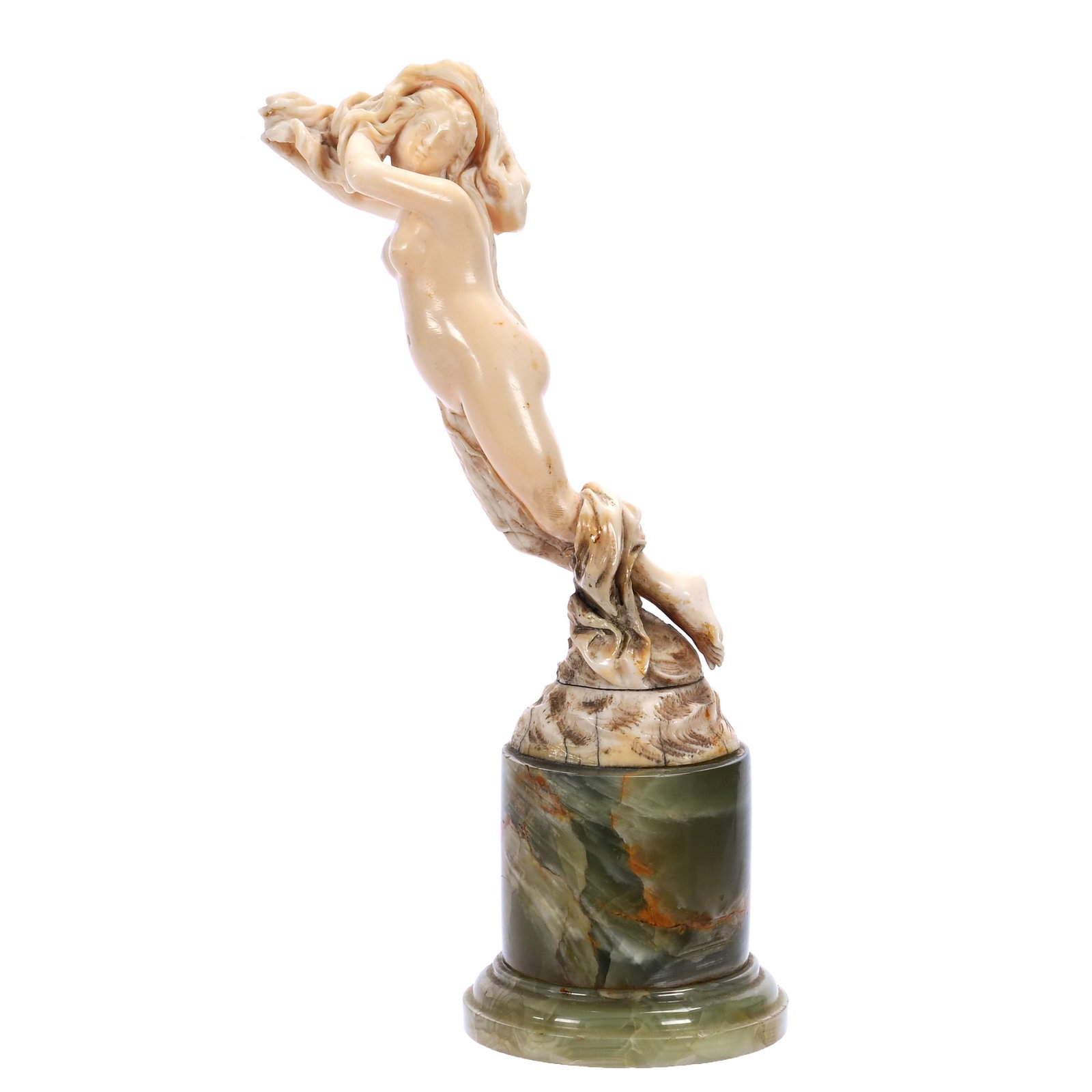 French Carved Figurine Mounted On Green Onyx Base: French Carved Figurine Mounted On Green Onyx Base, 8 x 2.75 x 2.75 Inches, Early 20th Century, Female Draped Figure Of "Night", This Item Sold At A Christie's Auction October 2011, Excellent Detail, 1