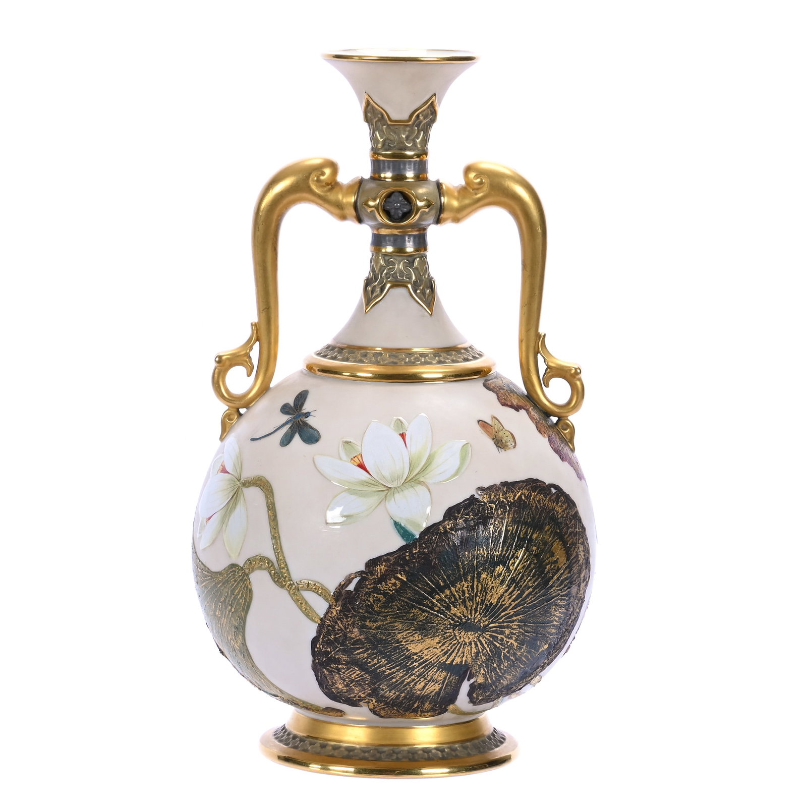 Two Handled Vase, Marked Royal Worcester: Two Handled Vase, Marked Royal Worcester, 11 x 6 x 6 Inches, Classic Cream Tones With Unusual Water Lily And Drangonfly Decor, Great Example, 2.3 Pounds, Private Collection, Michigan. Effective