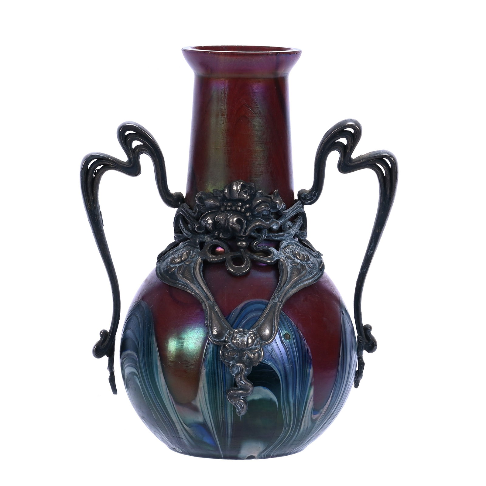 Two Handled Vase, Unmarked Rindskopf Art Glass: Two Handled Vase, Unmarked Rindskopf Art Glass, 5.75 x 4.5 x 3.5 Inches, Art Nouveau Decorative Metal Fittings And Handle, Dark Burgundy With Green And White Pulled Iridescent Design, Surface Rim