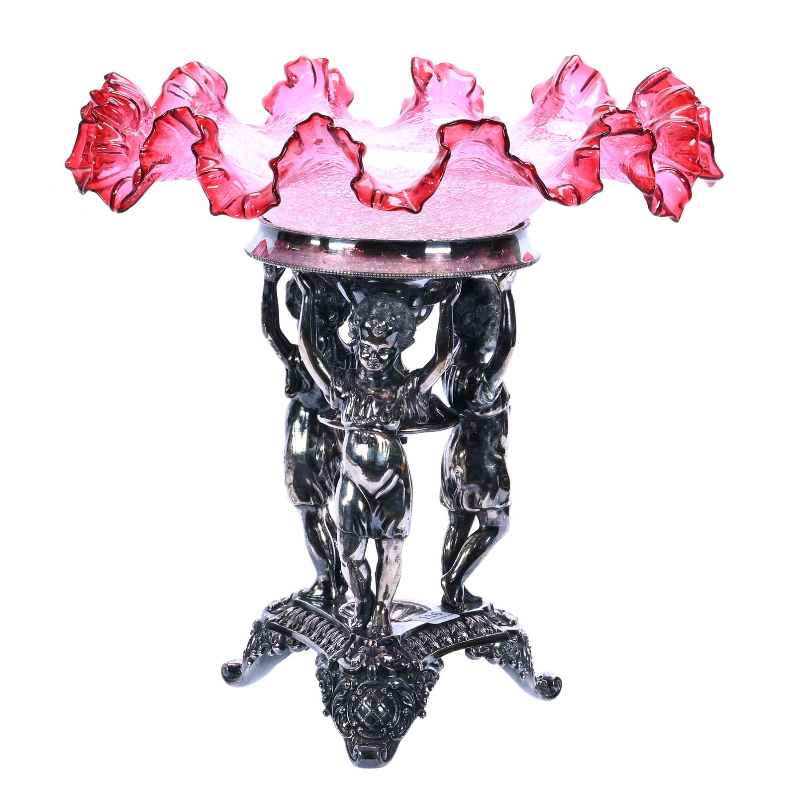 Victorian Brides Basket: Victorian Brides Basket, 12.5 x 12 x 12 Inches, Ruffled Cranberry Crackle Glass Bowl Mounted On Elaborate Meriden #0150 Silverplate Stand Featuring Three Young Children Holding Bowl Above Their