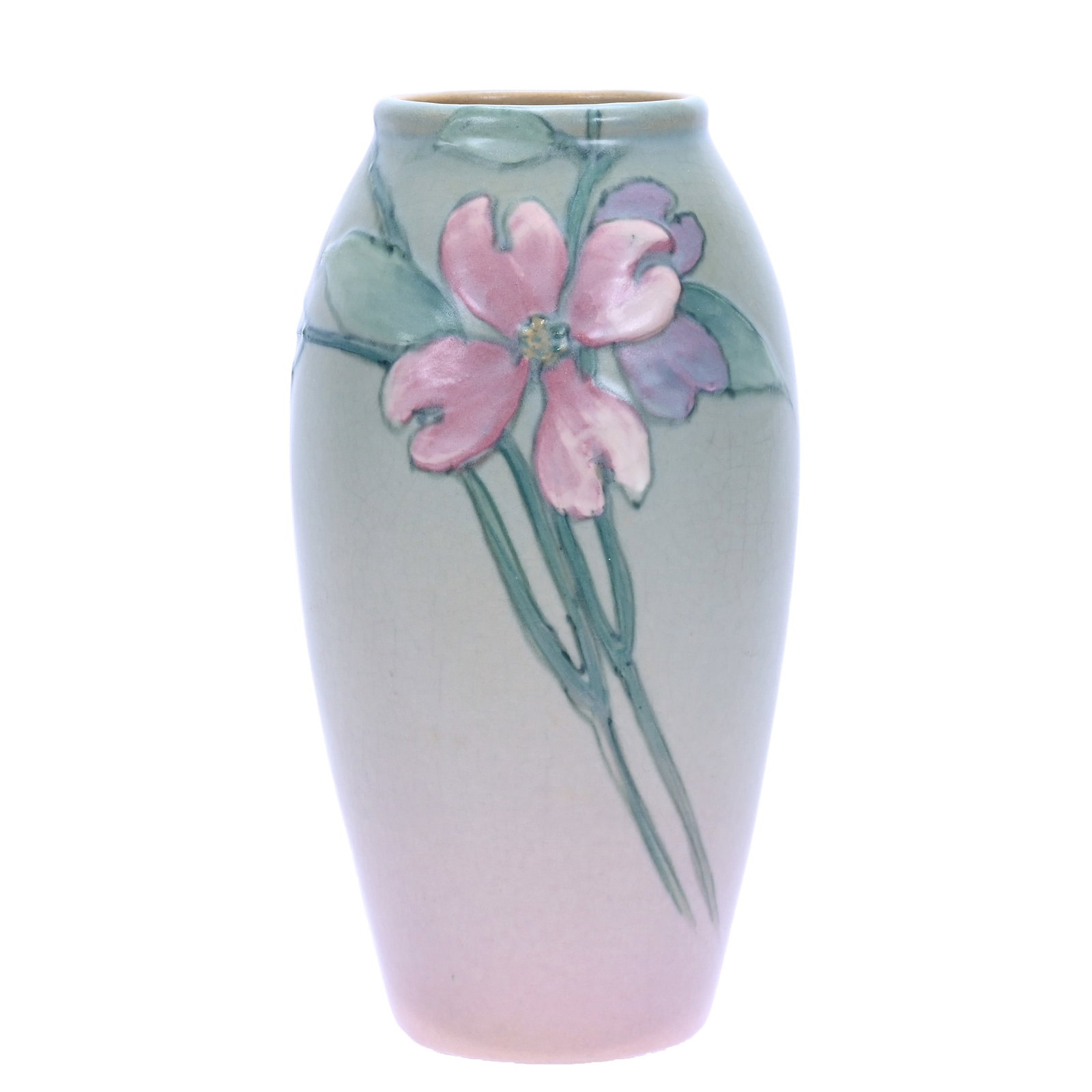 Vase, Weller Hudson Art Pottery: Vase, Weller Hudson Art Pottery, 7 x 3.75 x 3.75 Inches, Green Shading To Pink With Pink Foral Decor, Artist Signed, 1 Pound, Douglas Millhoff Collection, Ohio. Effective 6/6/26, All LiveAuctioneers I