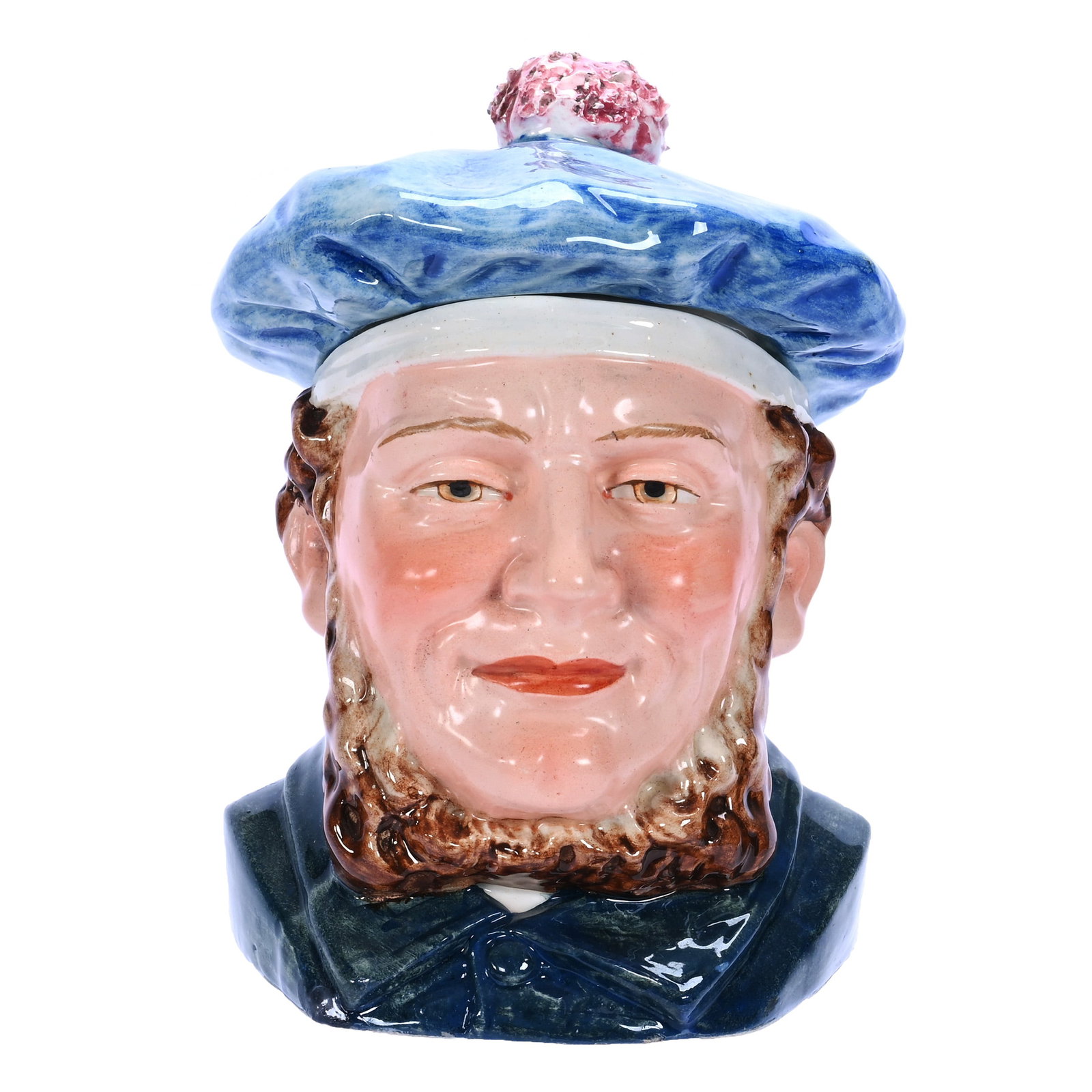Humidor: Humidor, 6.25 x 4.5 x 5 Inches, Soft Paste Majolica, Figure Of Sailor, Nice Color Highlights, 1.2 Pounds, Barbara Shulhof Estate. Effective 6/6/26, All LiveAuctioneers Invoices Must Be Paid Using the