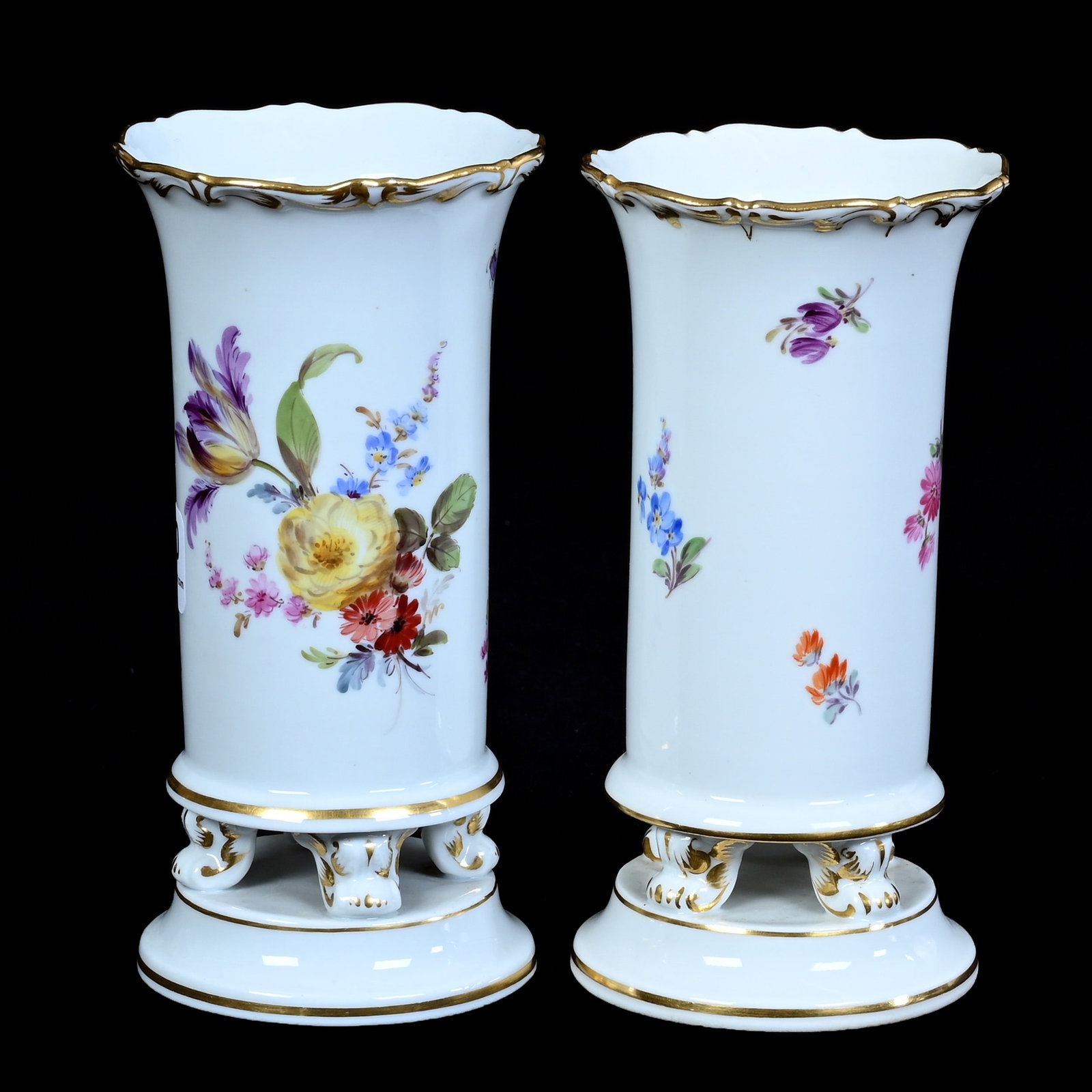 Pair Vases, Meissen Porcelain Blue Crossed Swords Mark: Pair Vases, Meissen Porcelain Blue Crossed Swords Mark, 5.5 x 2.75 x 2.75 Inches, White With Colorful Hand Painted Floral And Insect Decor, Model #E106, 1.1 Pounds, Private Collection, Michigan. Effec