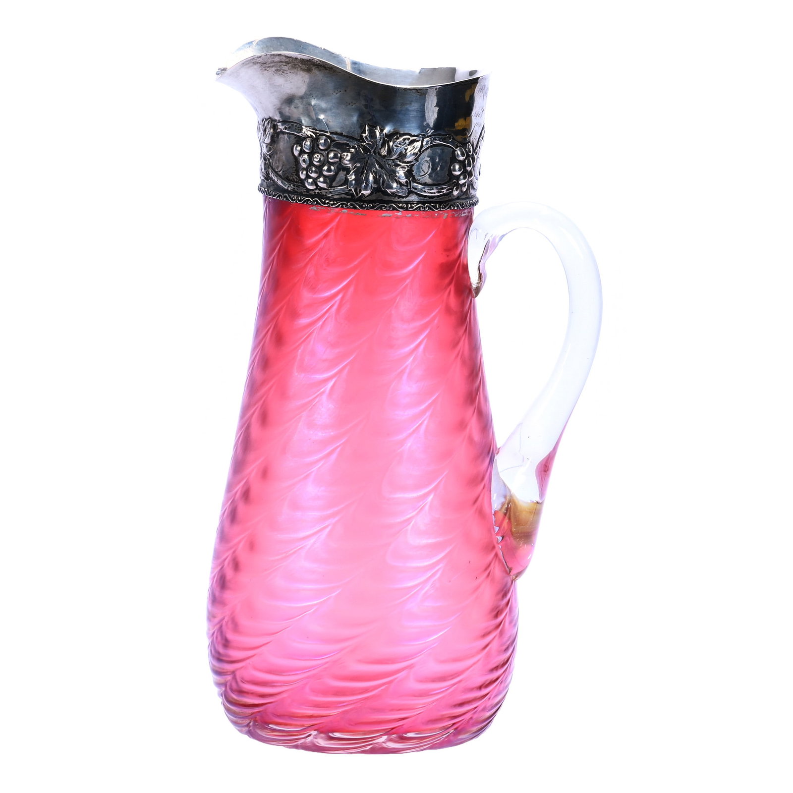 Pitcher, Kralik Draped Pattern: Pitcher, Kralik Draped Pattern, 10.25 x 5.75 x 4.5 Inches, Cranberry With Clear Applied Handle, Signed Galt & Bro Sterling Silver Spout, The Spout Has Perfect Exterior Rim Fit But Interior Rim Is Pull