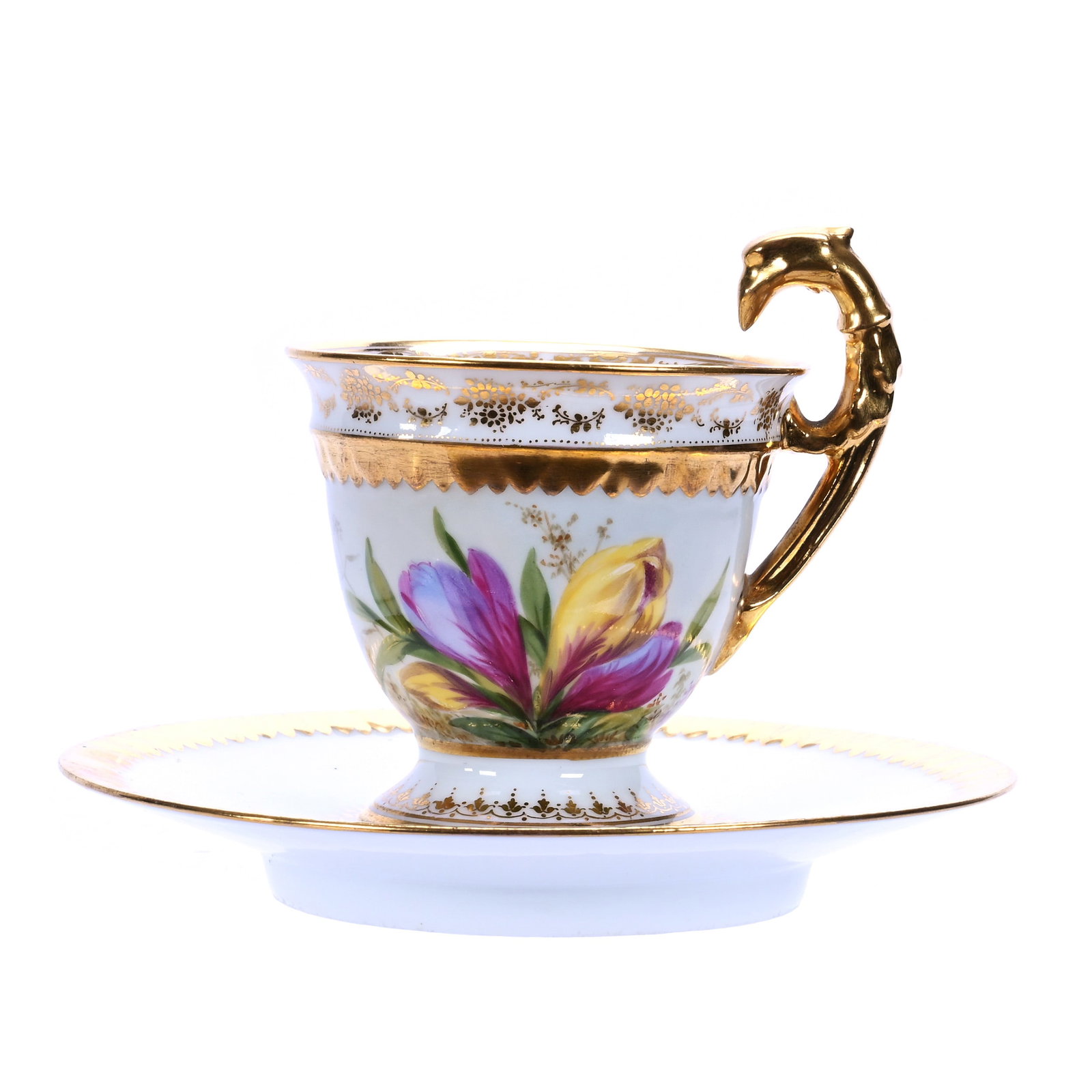 Cup And Saucer, Marked Dresden Porcelain: Cup And Saucer, Marked Dresden Porcelain, 4 x 5.5 x 5.5 Inches, White With Hand Painted Floral Decor, Figural Eagle Handle, Heavy Gold Highlights, 0.5 Pounds, Private Collection, Michigan. Effective