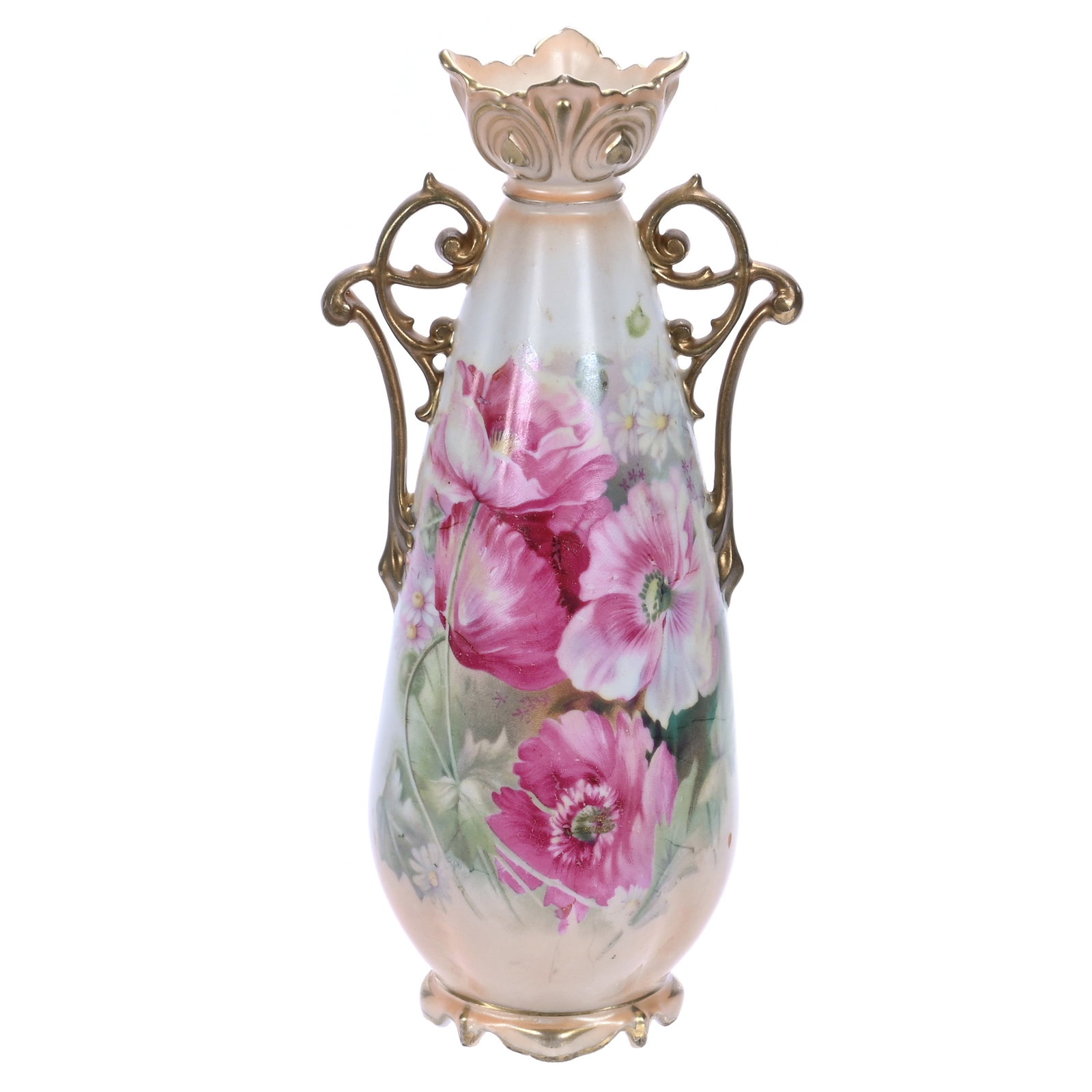 Two Handled Vase, Marked R.S. Prussia: Two Handled Vase, Marked R.S. Prussia, 9 x 4.25 x 3.25 Inches, Peach And White Satin Finish With Pink Poppy Decor, 0.7 Pounds, Private Collection, Michigan. Effective 6/6/26, All LiveAuctioneers Invoi