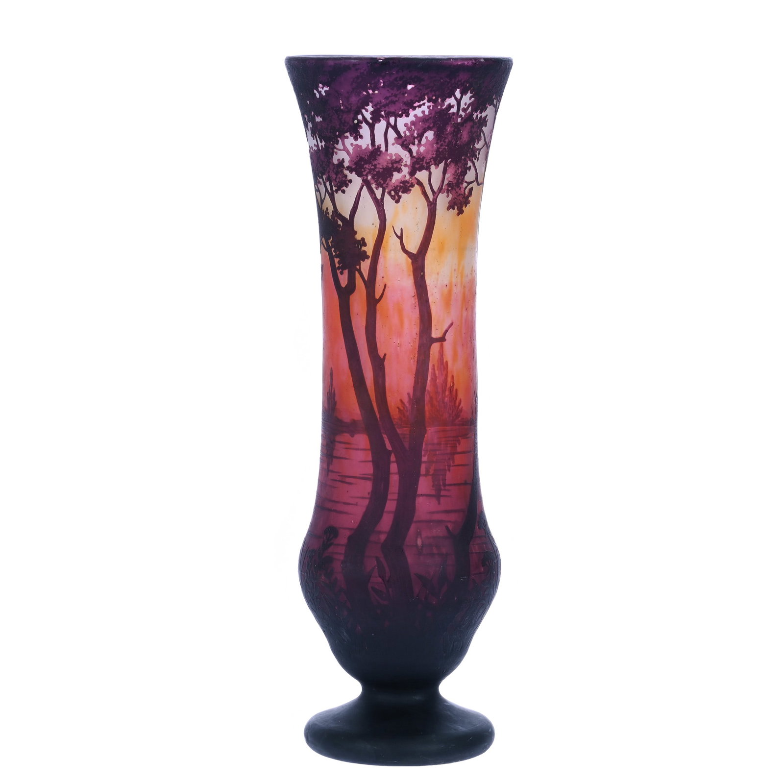 Pedestal Vase, French Cameo Art Glass, Signed Daum Nancy: Pedestal Vase, French Cameo Art Glass, Signed Daum Nancy, 15.25 x 5 x 5 Inches, White, Yellow, And Pink Background With Amethyst Cutback Overlay Of Lake And Trees Scenic Decor, 3.4 Pounds, Private Col